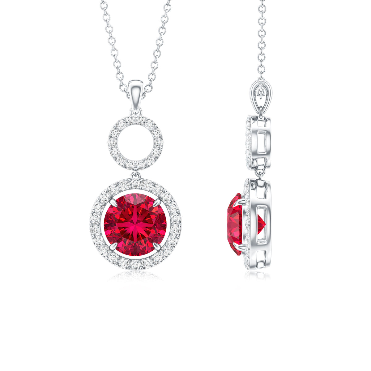 Lab Grown Ruby and Diamond Halo Dangle Pendant Necklace AAAA - Rosec Jewels
