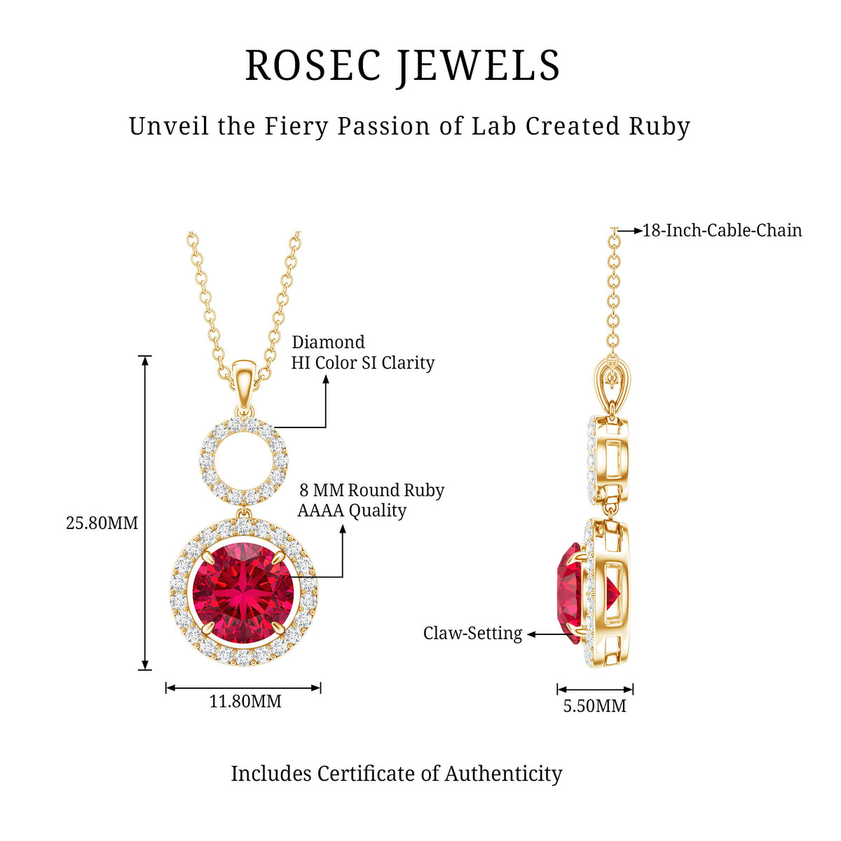 Lab Grown Ruby and Diamond Halo Dangle Pendant Necklace AAAA - Rosec Jewels