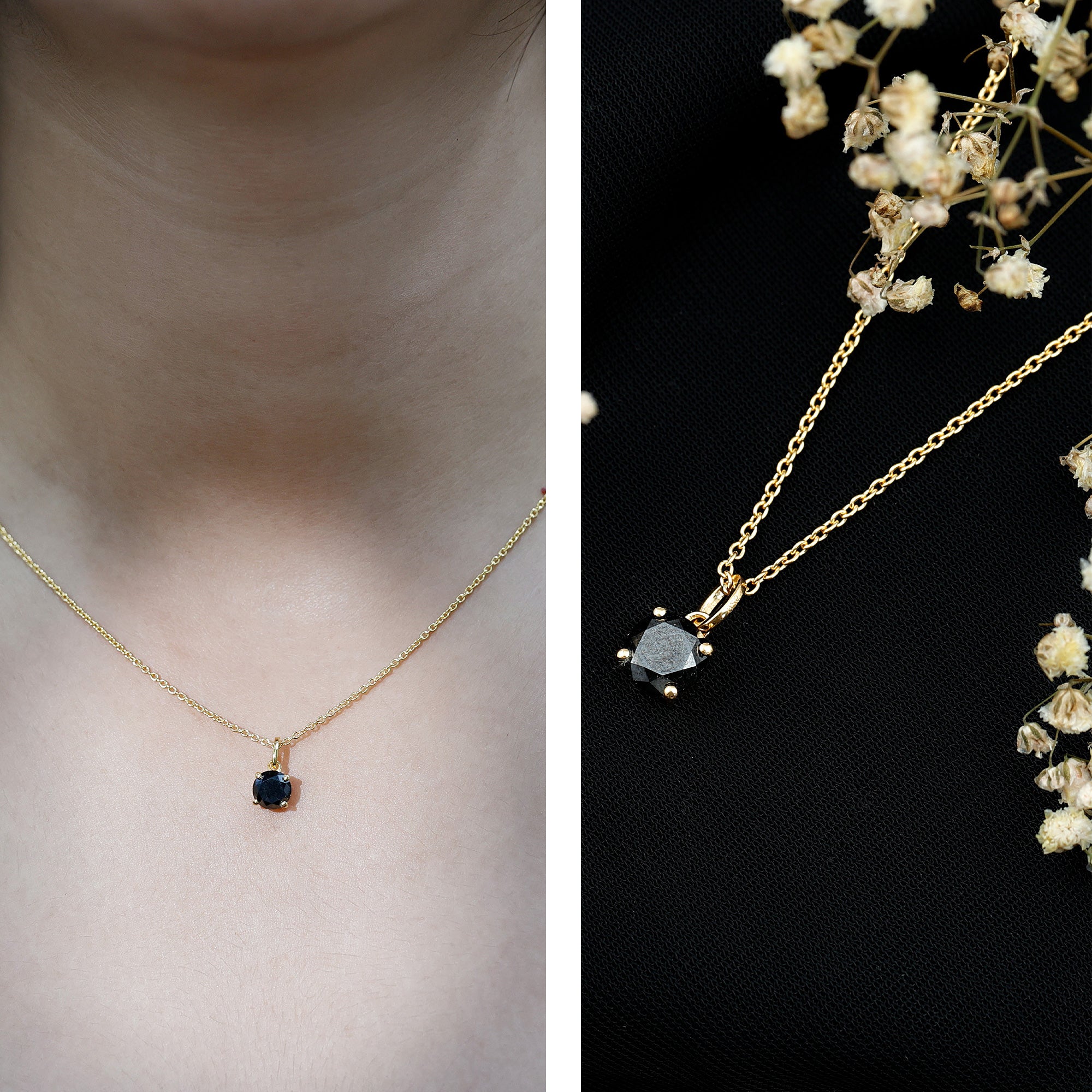 Natural 1.45 Carat Black Diamond Solitaire Necklace with Silver Chain AAA 14K Yellow Gold Plated Silver - Rosec Jewels