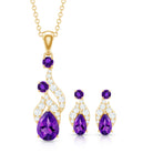 Real Amethyst and Diamond Bridal Dangle Necklace Earrings Set AAA - Rosec Jewels