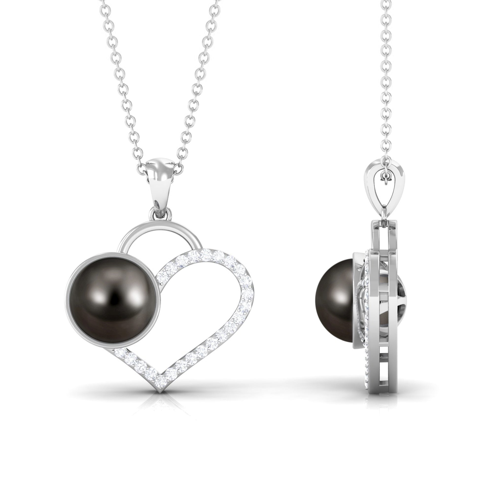 Tahitian Pearl and Diamond Open Heart Pendant Necklace Tahitian pearl - ( AAA ) - Quality - Rosec Jewels