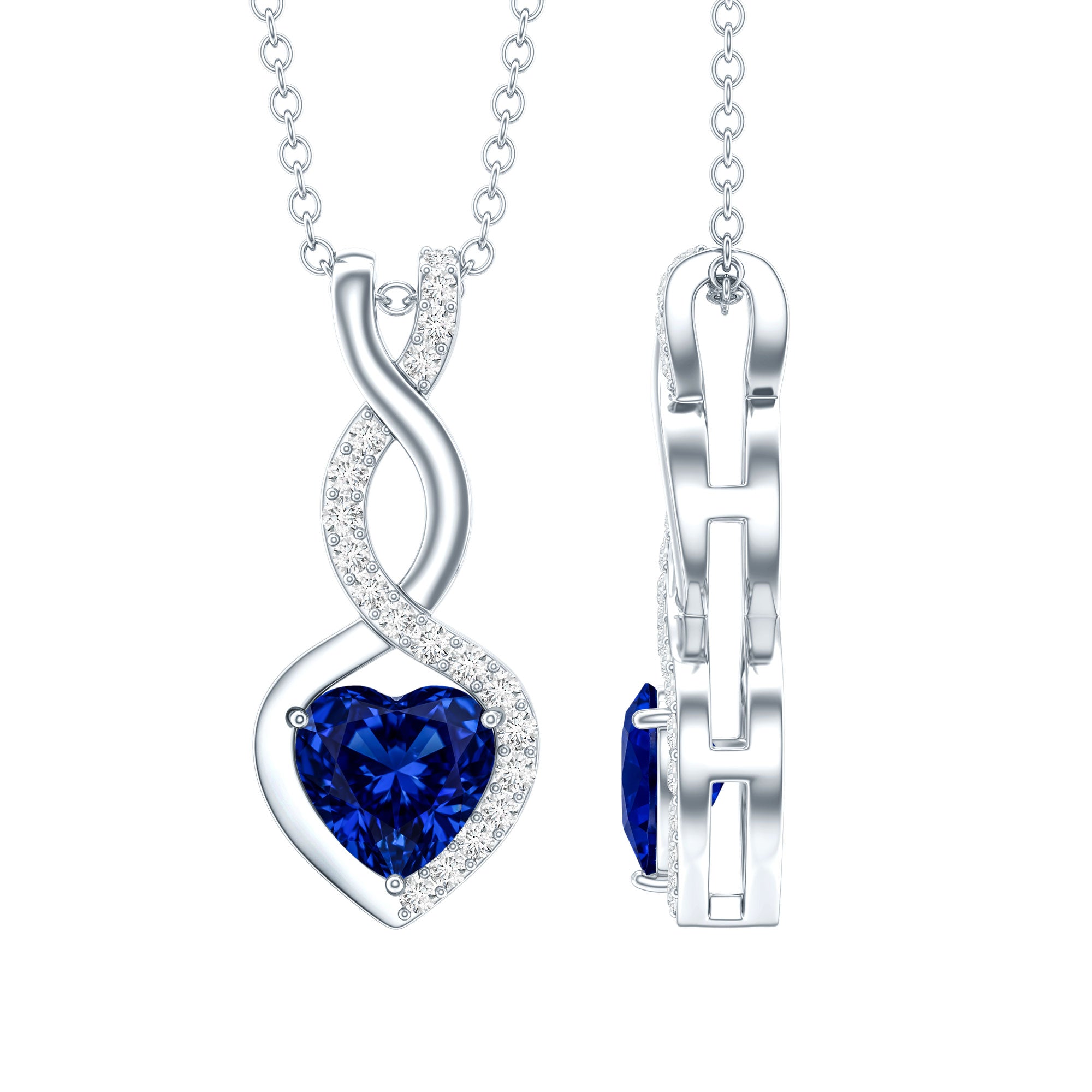 Lab Grown Blue Sapphire and Moissanite Infinity Heart Necklace with Chain AAAA 92.5 Sterling Silver - Rosec Jewels