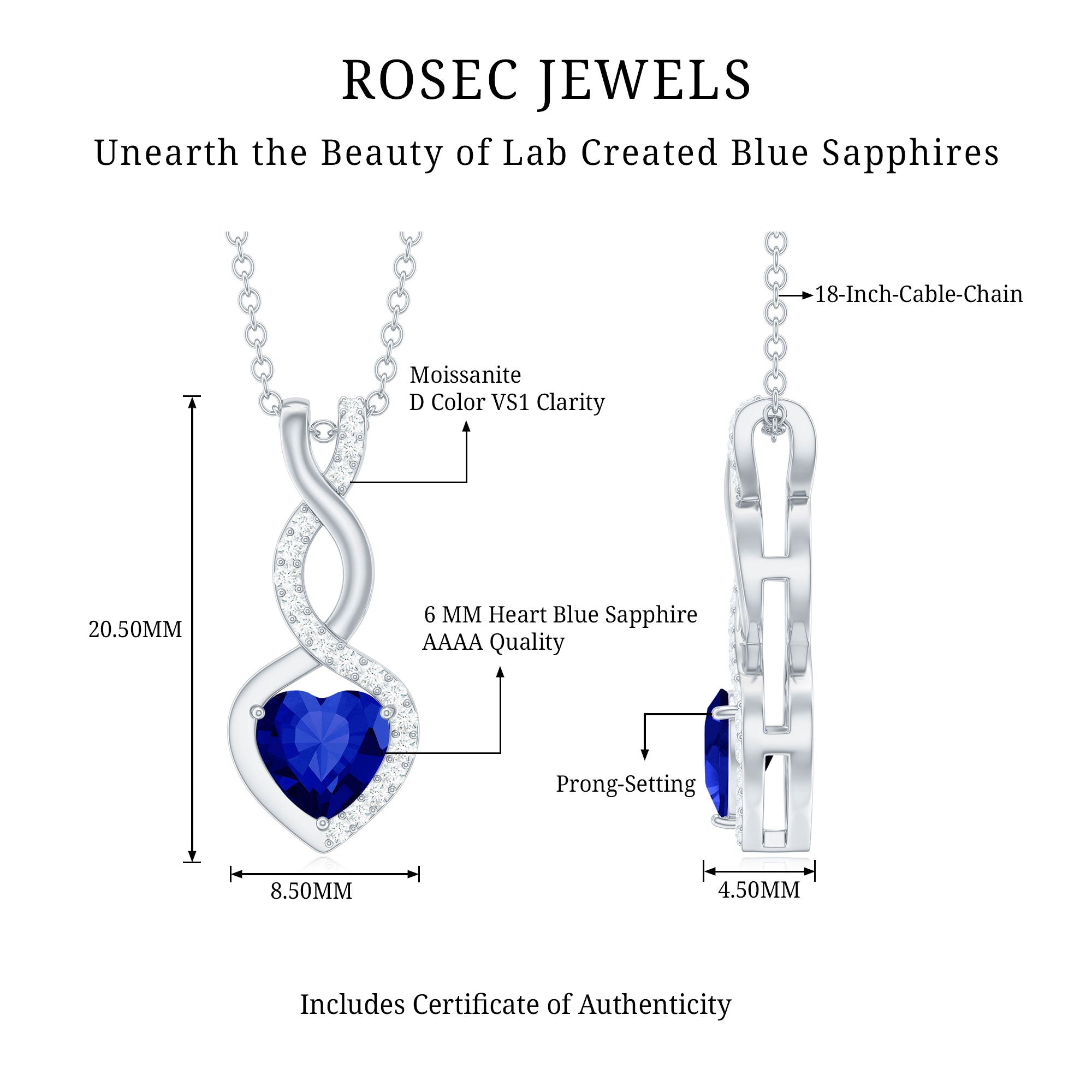 Lab Grown Blue Sapphire and Moissanite Infinity Heart Necklace with Chain AAAA 92.5 Sterling Silver - Rosec Jewels