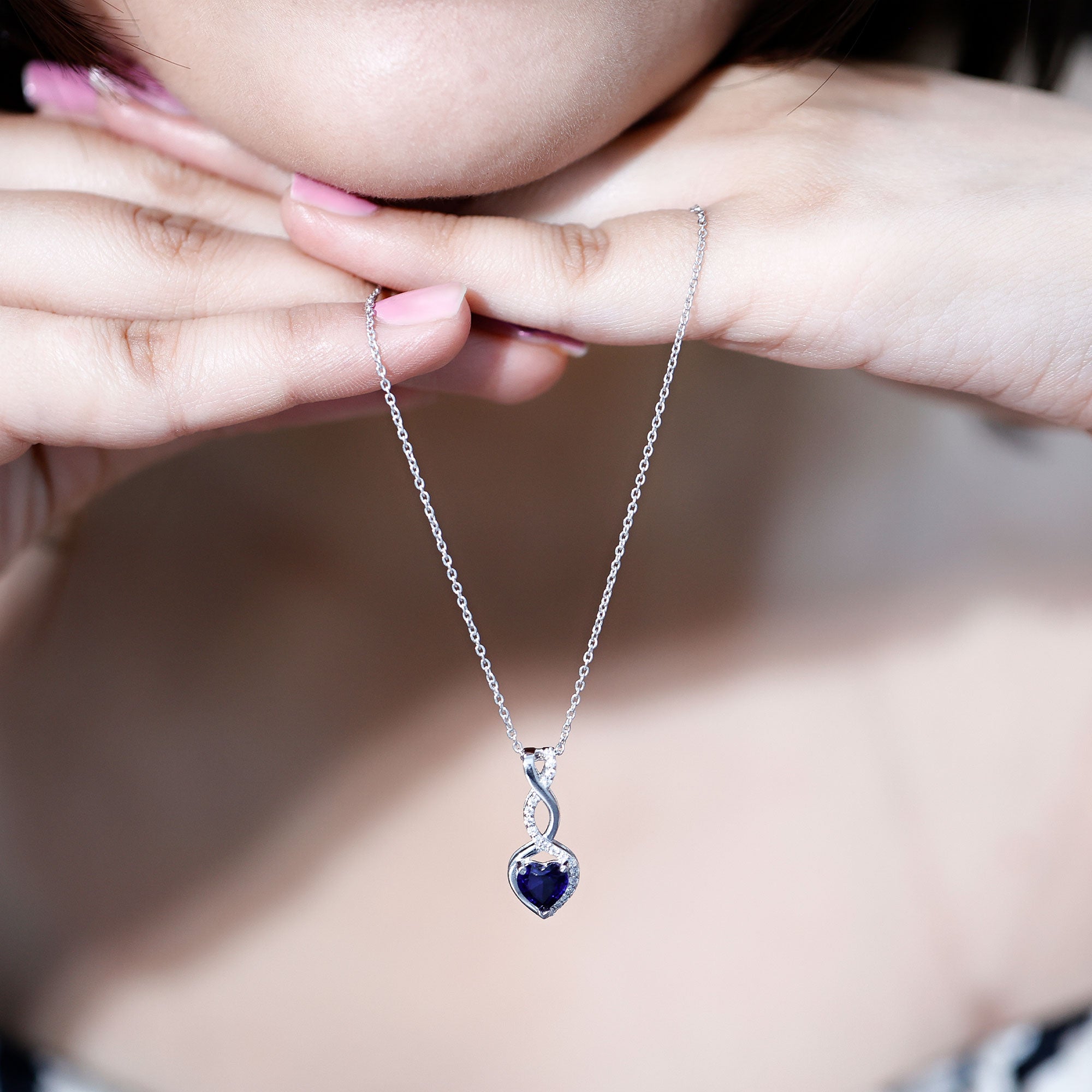 Lab Grown Blue Sapphire and Moissanite Infinity Heart Necklace with Chain AAAA 92.5 Sterling Silver - Rosec Jewels