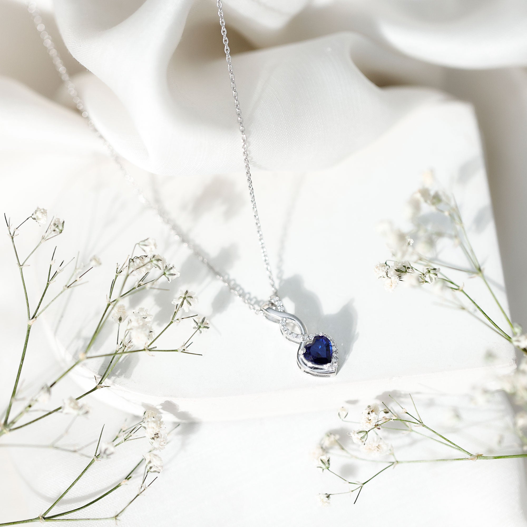 Lab Grown Blue Sapphire and Moissanite Infinity Heart Necklace with Chain AAAA 92.5 Sterling Silver - Rosec Jewels