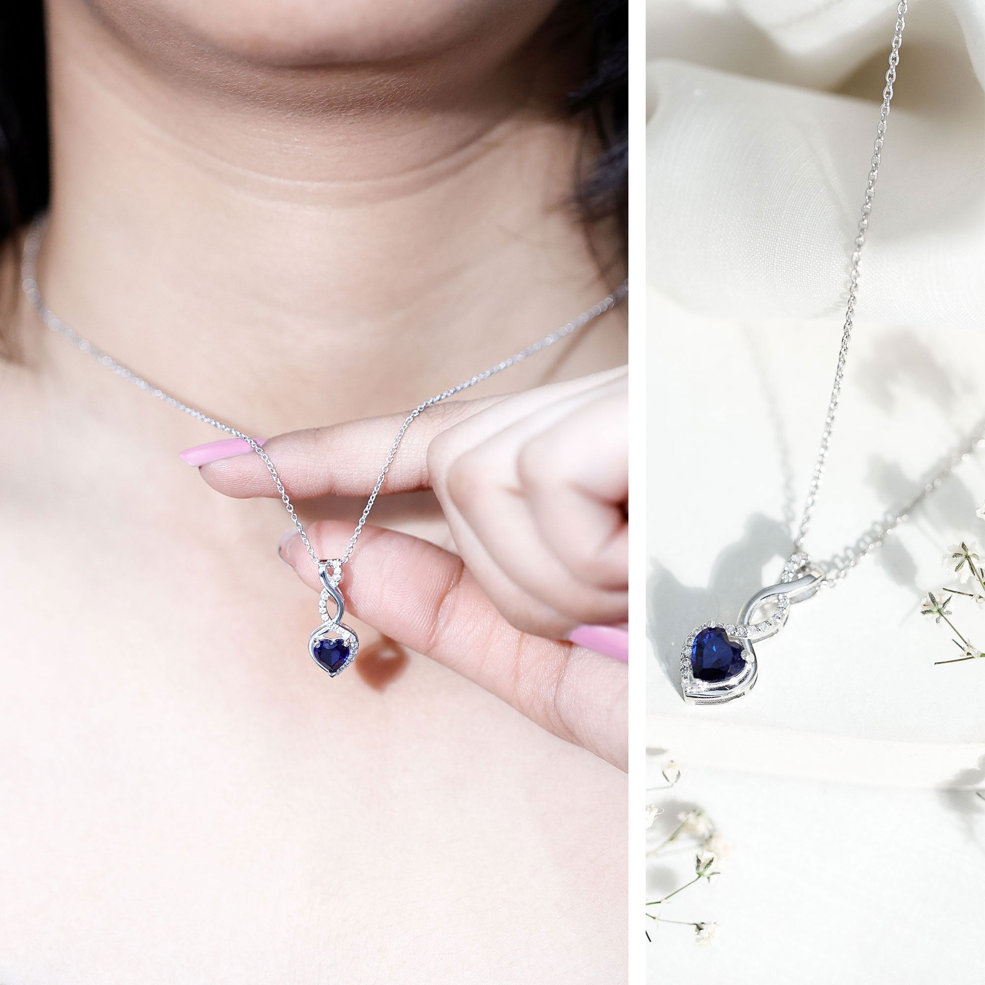Lab Grown Blue Sapphire and Moissanite Infinity Heart Necklace with Chain AAAA 92.5 Sterling Silver - Rosec Jewels