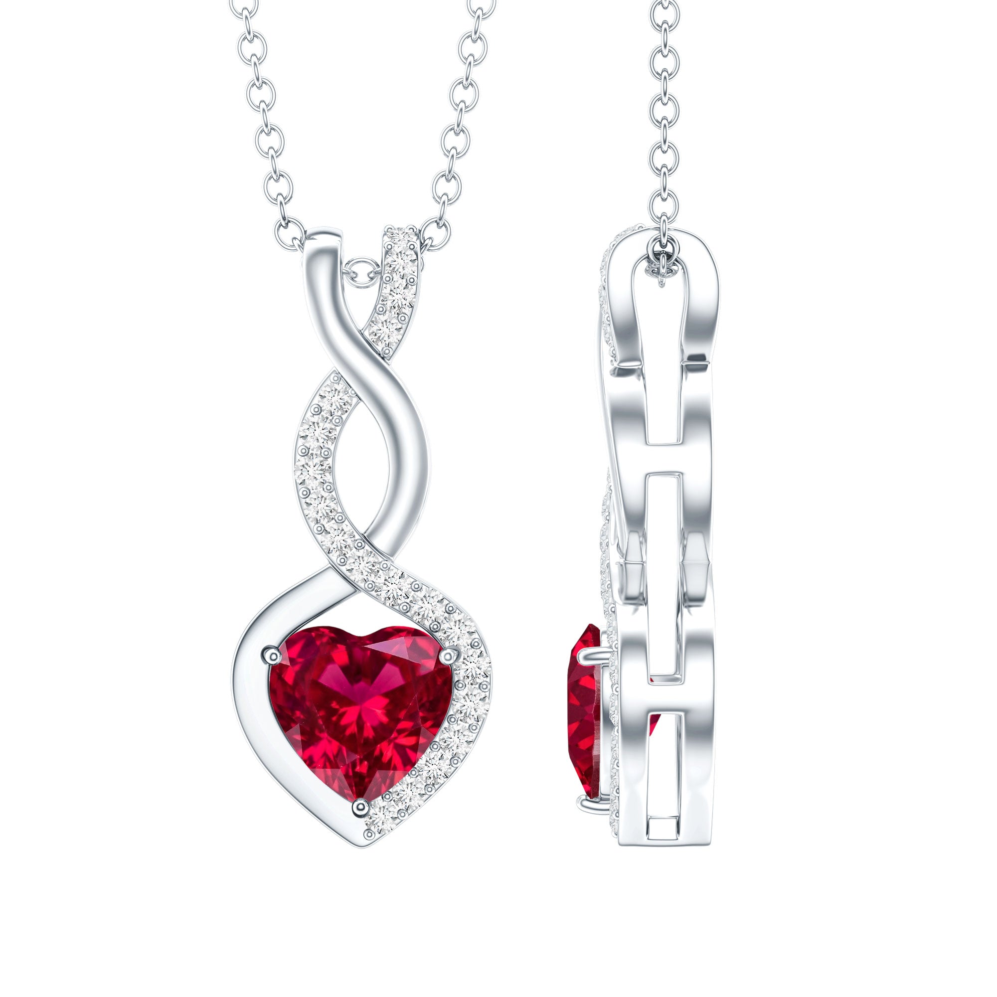 1 Carat Lab Grown Ruby Heart and Infinity Necklace with Silver Chain AAAA 92.5 Sterling Silver - Rosec Jewels