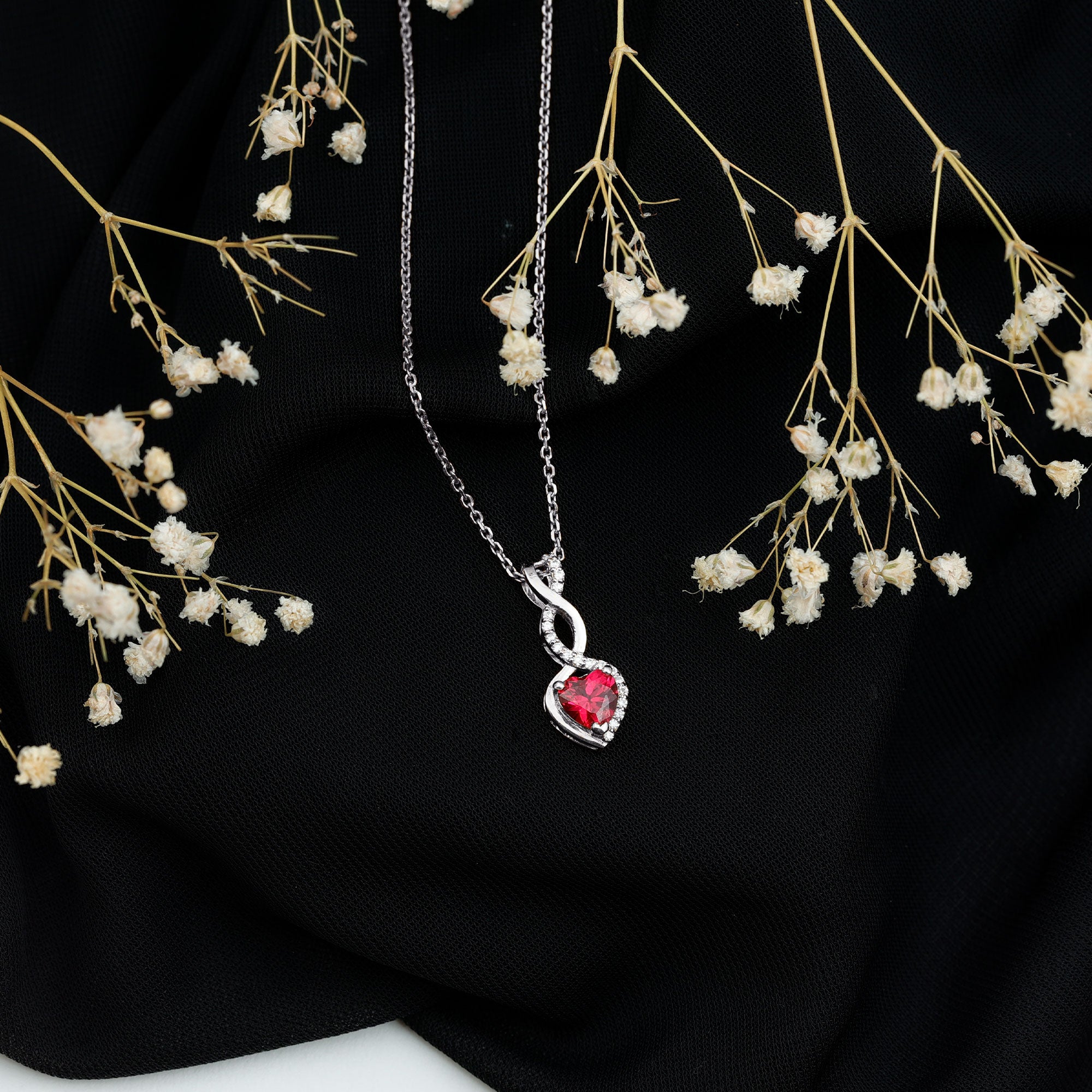 1 Carat Lab Grown Ruby Heart and Infinity Necklace with Silver Chain AAAA 92.5 Sterling Silver - Rosec Jewels