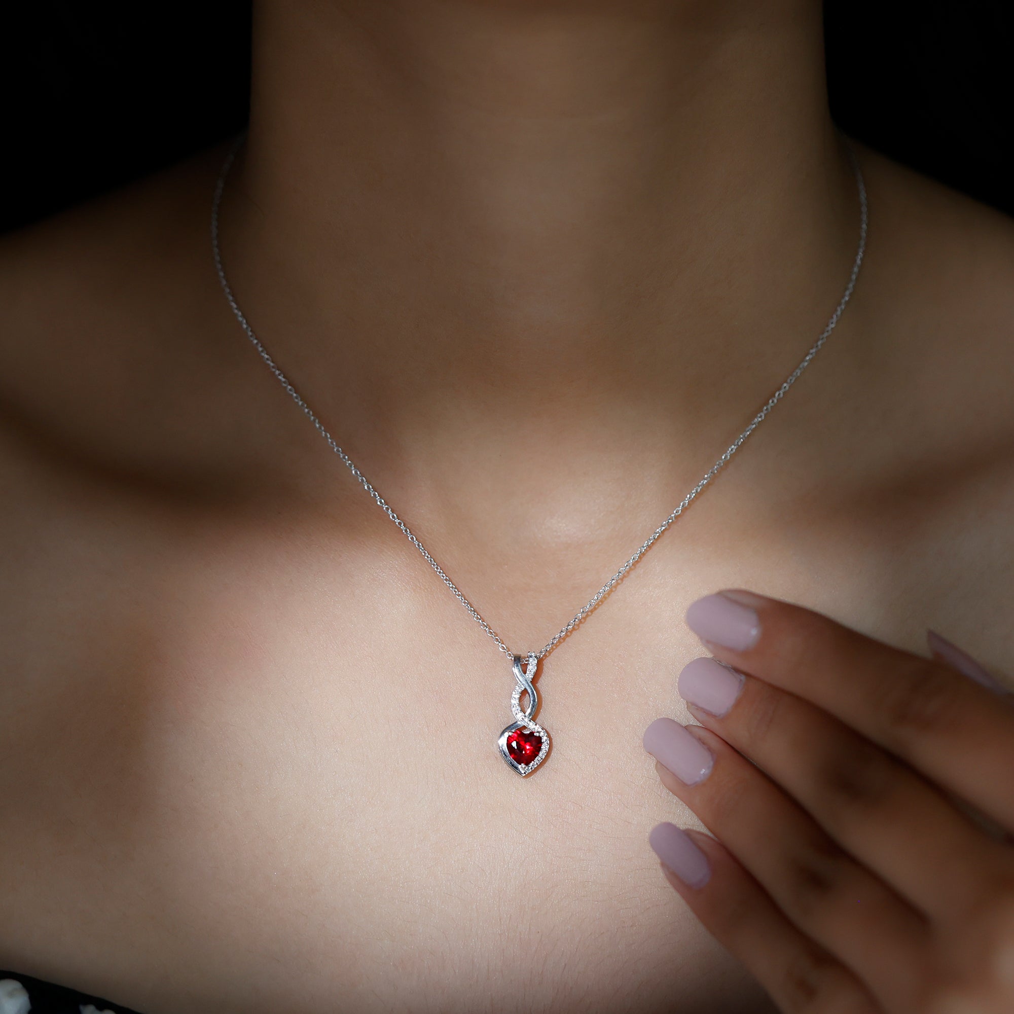 Infinity and Heart Silver Pendant Necklace with Created Ruby and Moissanite - Rosec Jewels