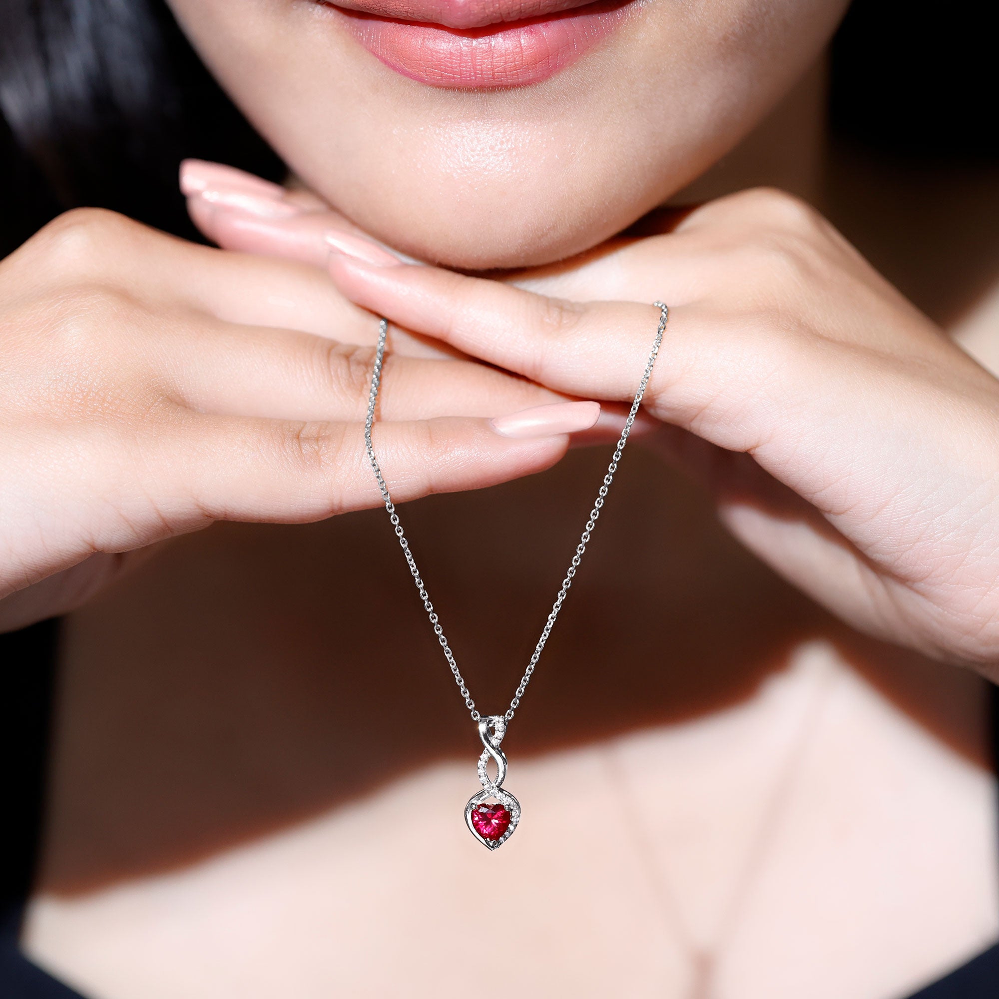 1 Carat Lab Grown Ruby Heart and Infinity Necklace with Silver Chain AAAA 92.5 Sterling Silver - Rosec Jewels
