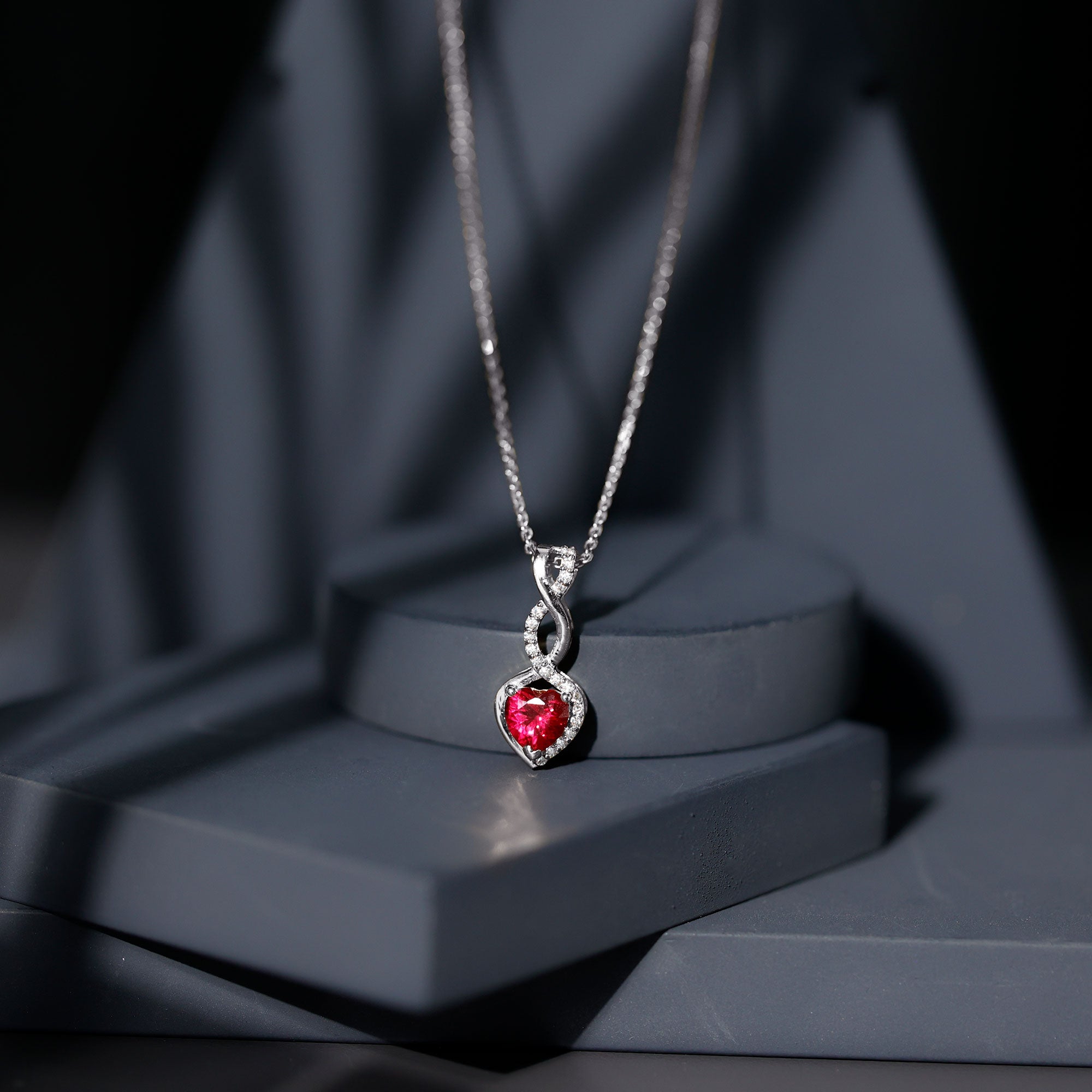 1 Carat Lab Grown Ruby Heart and Infinity Necklace with Silver Chain AAAA 92.5 Sterling Silver - Rosec Jewels