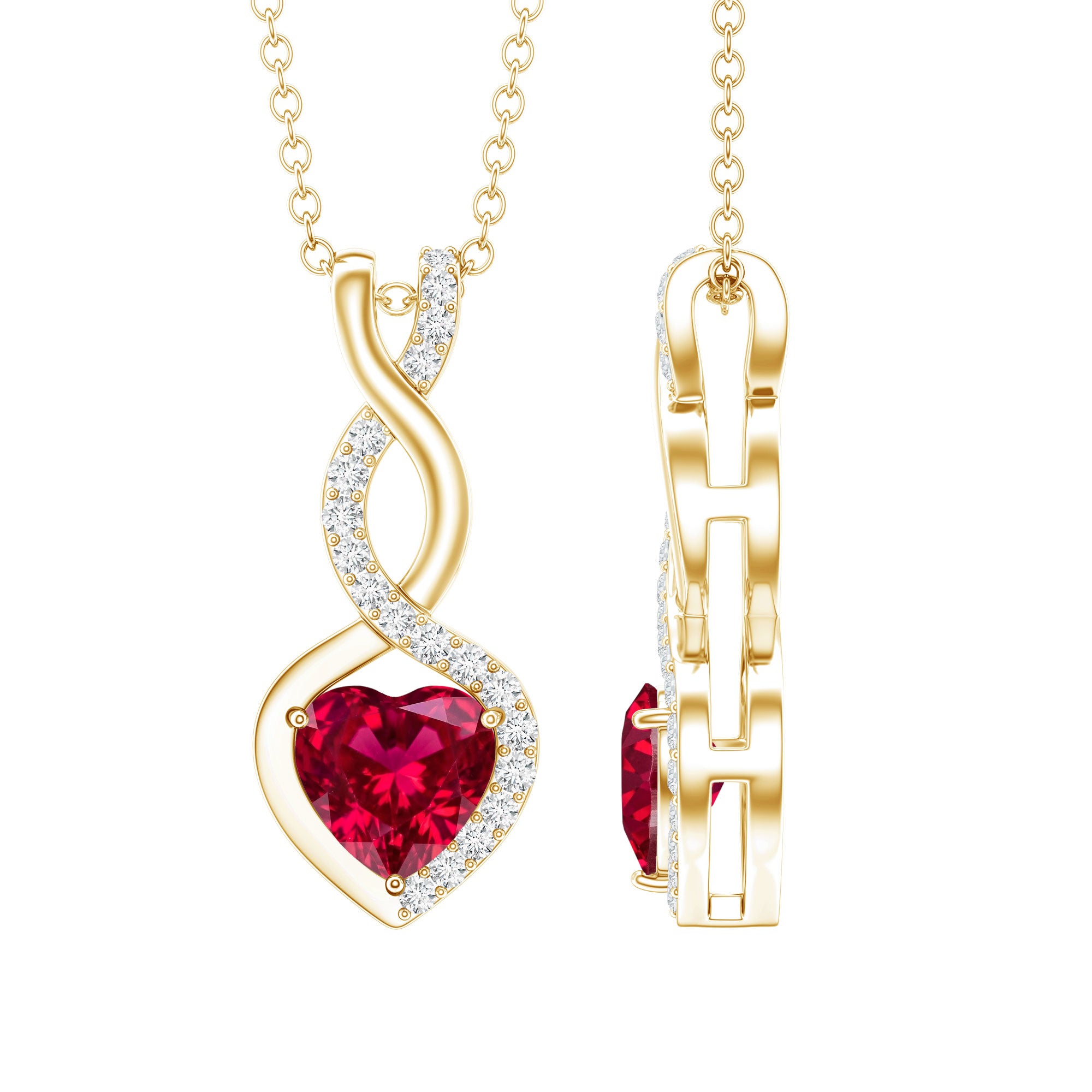 1 Carat Lab Grown Ruby Heart and Infinity Necklace with Silver Chain AAAA 14K Yellow Gold Plated Silver - Rosec Jewels