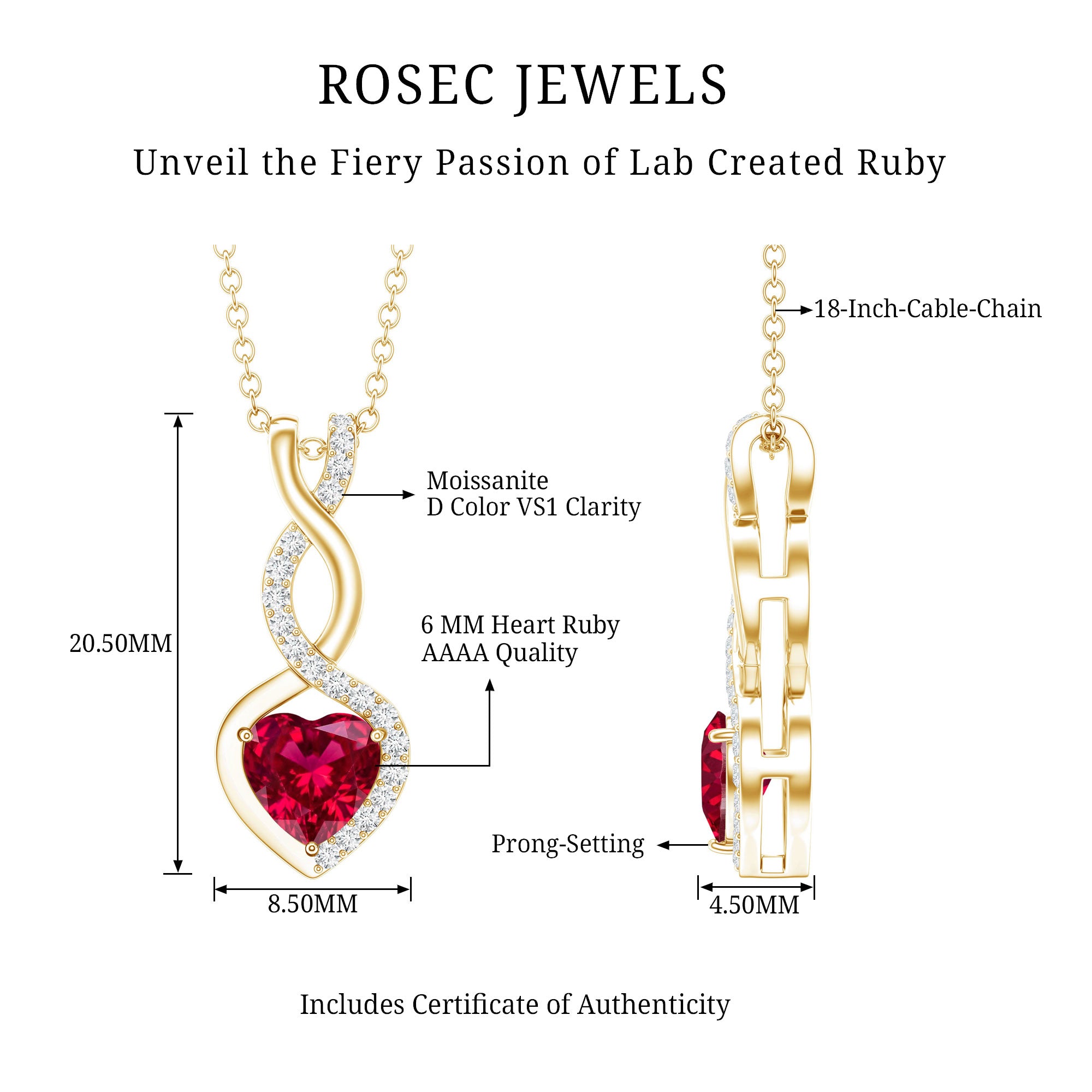 1 Carat Lab Grown Ruby Heart and Infinity Necklace with Silver Chain AAAA 14K Yellow Gold Plated Silver - Rosec Jewels