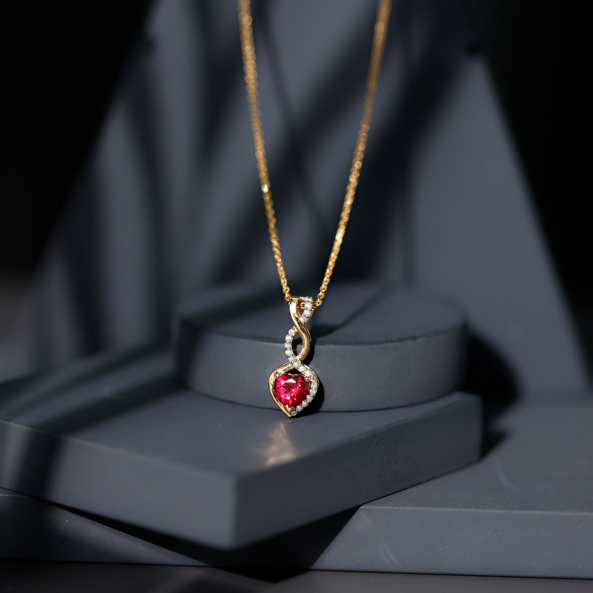 1 Carat Lab Grown Ruby Heart and Infinity Necklace with Silver Chain AAAA 14K Yellow Gold Plated Silver - Rosec Jewels