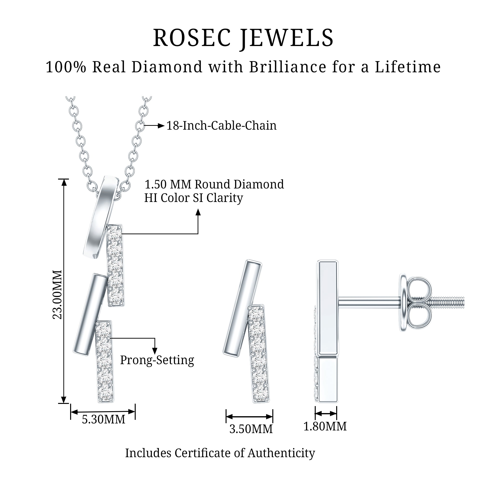 Certified Diamond Bar Dangle Necklace Earrings Set Natural - ( HI-SI ) - Rosec Jewels