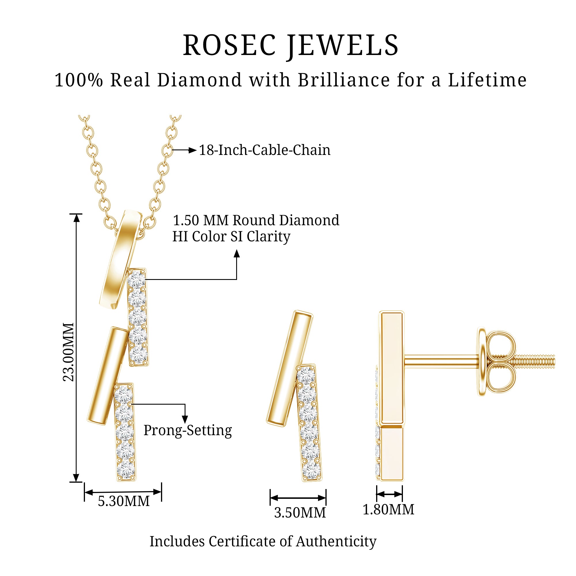 Certified Diamond Bar Dangle Necklace Earrings Set Natural - ( HI-SI ) - Rosec Jewels
