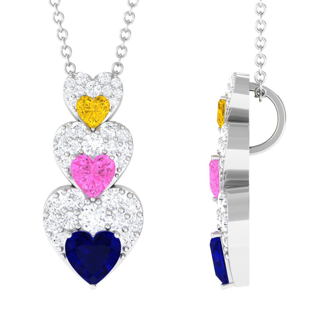 Lab Created Multi Sapphire Silver Heart Dangle Pendant with Moissanite - Rosec Jewels