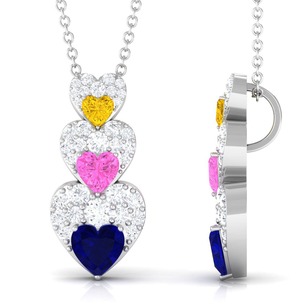Lab Created Multi Sapphire Silver Heart Dangle Pendant with Moissanite - Rosec Jewels