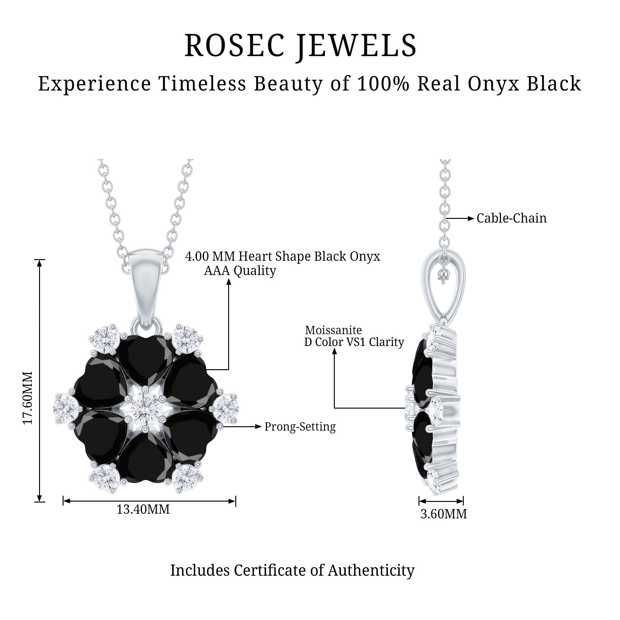Heart Shaped Black Onyx Flower Pendant with Moissanite AAA 92.5 Sterling Silver - Rosec Jewels