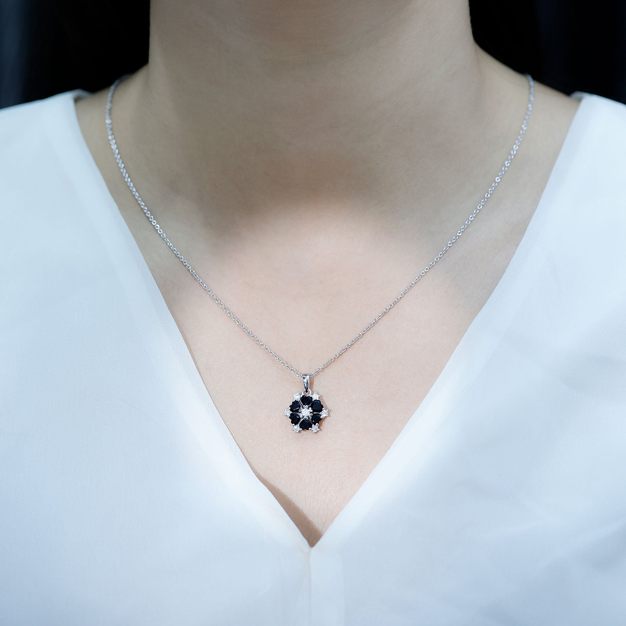 Heart Shaped Black Onyx Flower Pendant with Moissanite AAA 92.5 Sterling Silver - Rosec Jewels