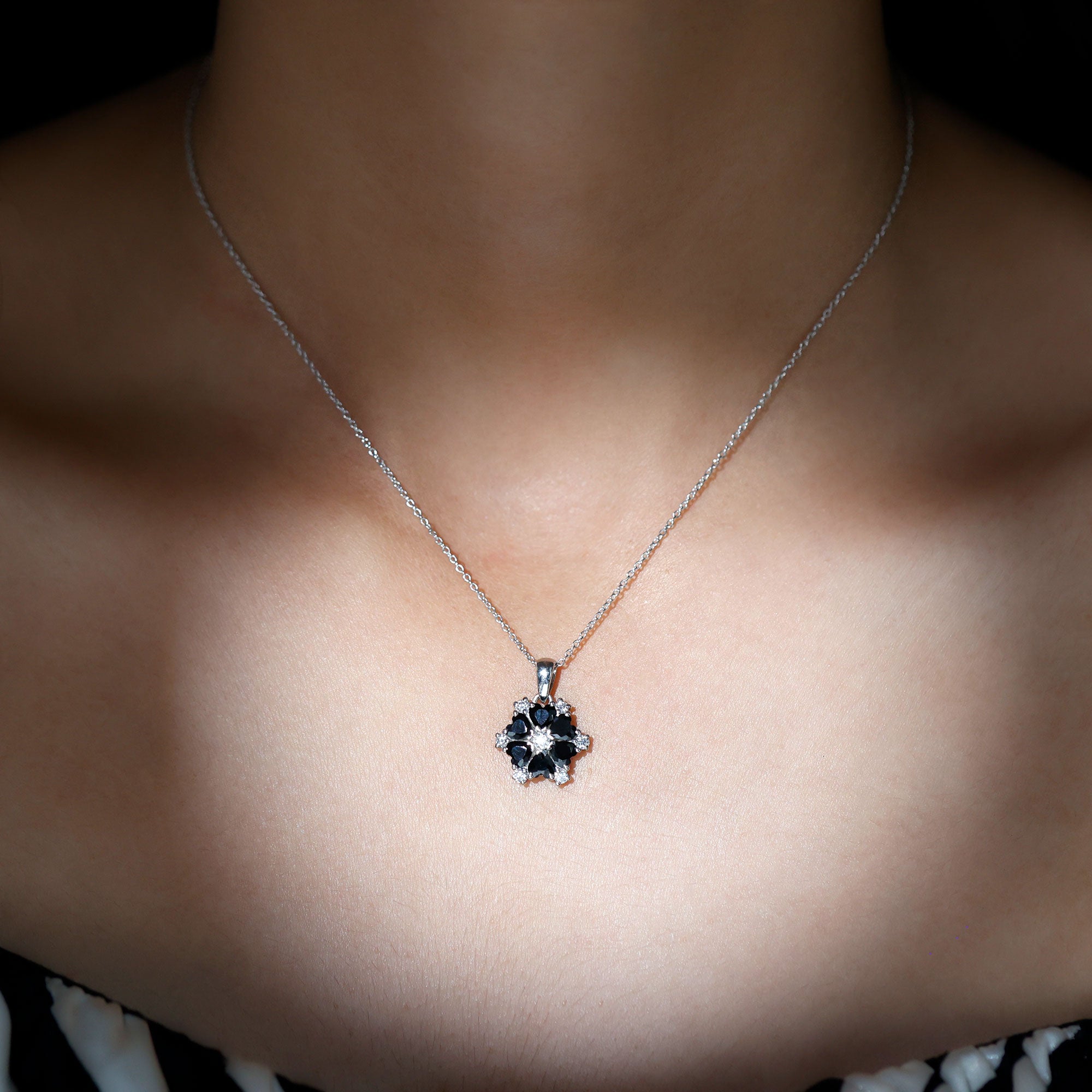 Heart Shaped Black Onyx Flower Pendant with Moissanite AAA 92.5 Sterling Silver - Rosec Jewels