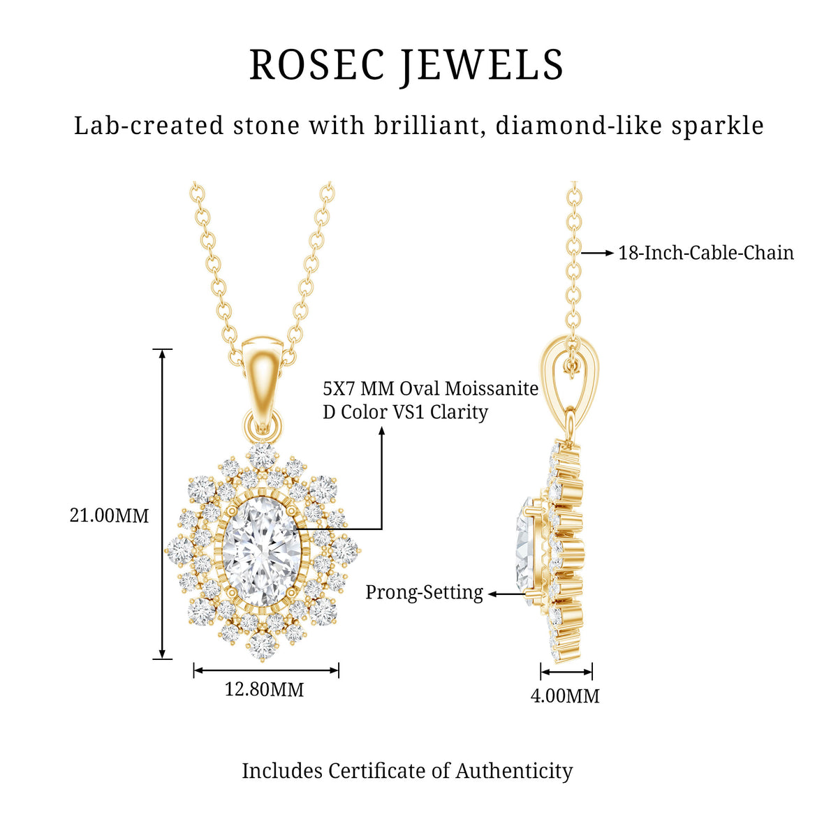 Vintage Style Oval Moissanite Bridal Necklace With Chain D-VS1 - Rosec Jewels