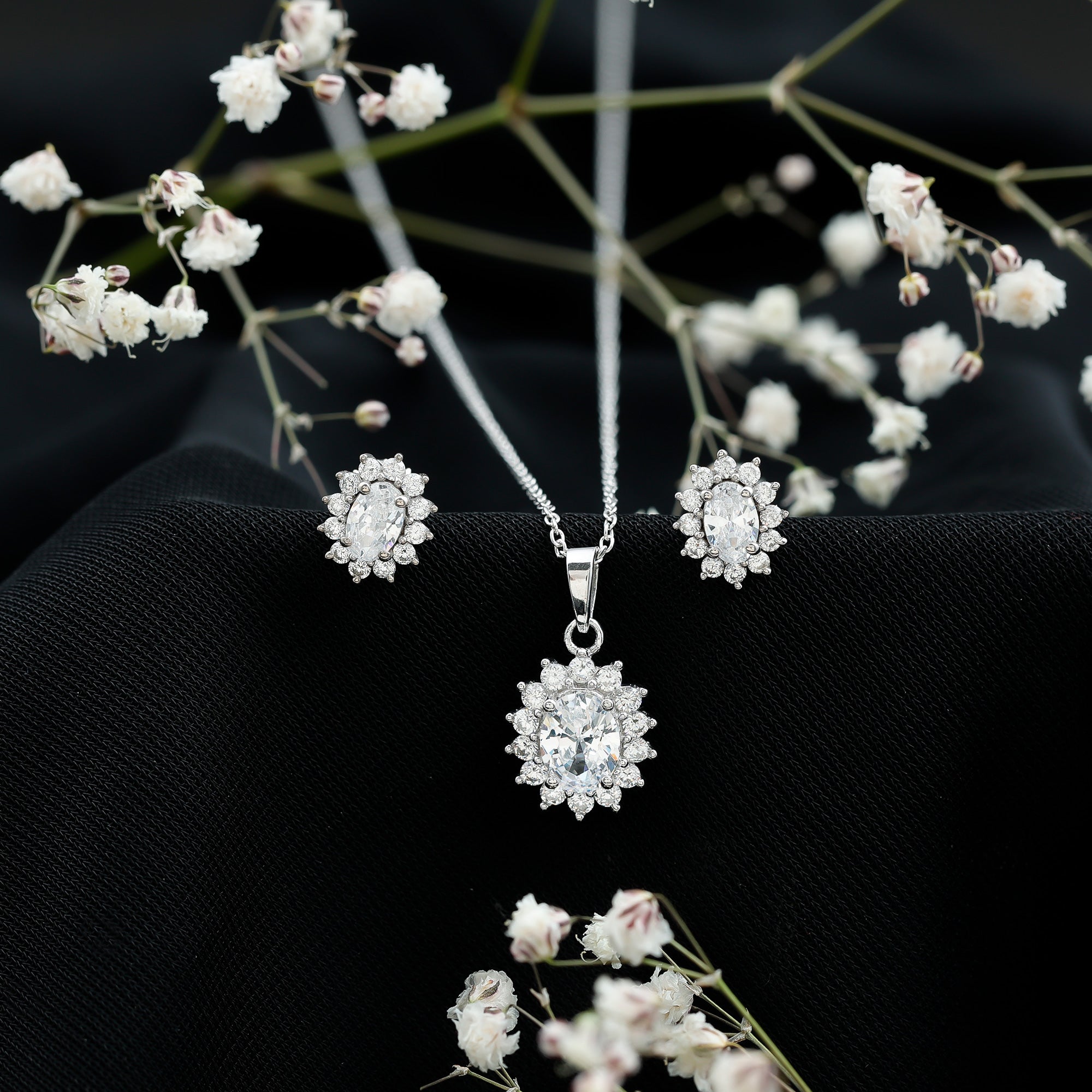 Oval Shaped Cubic Zirconia Halo Pendant and Earrings Set AAAAA 92.5 Sterling Silver - Rosec Jewels