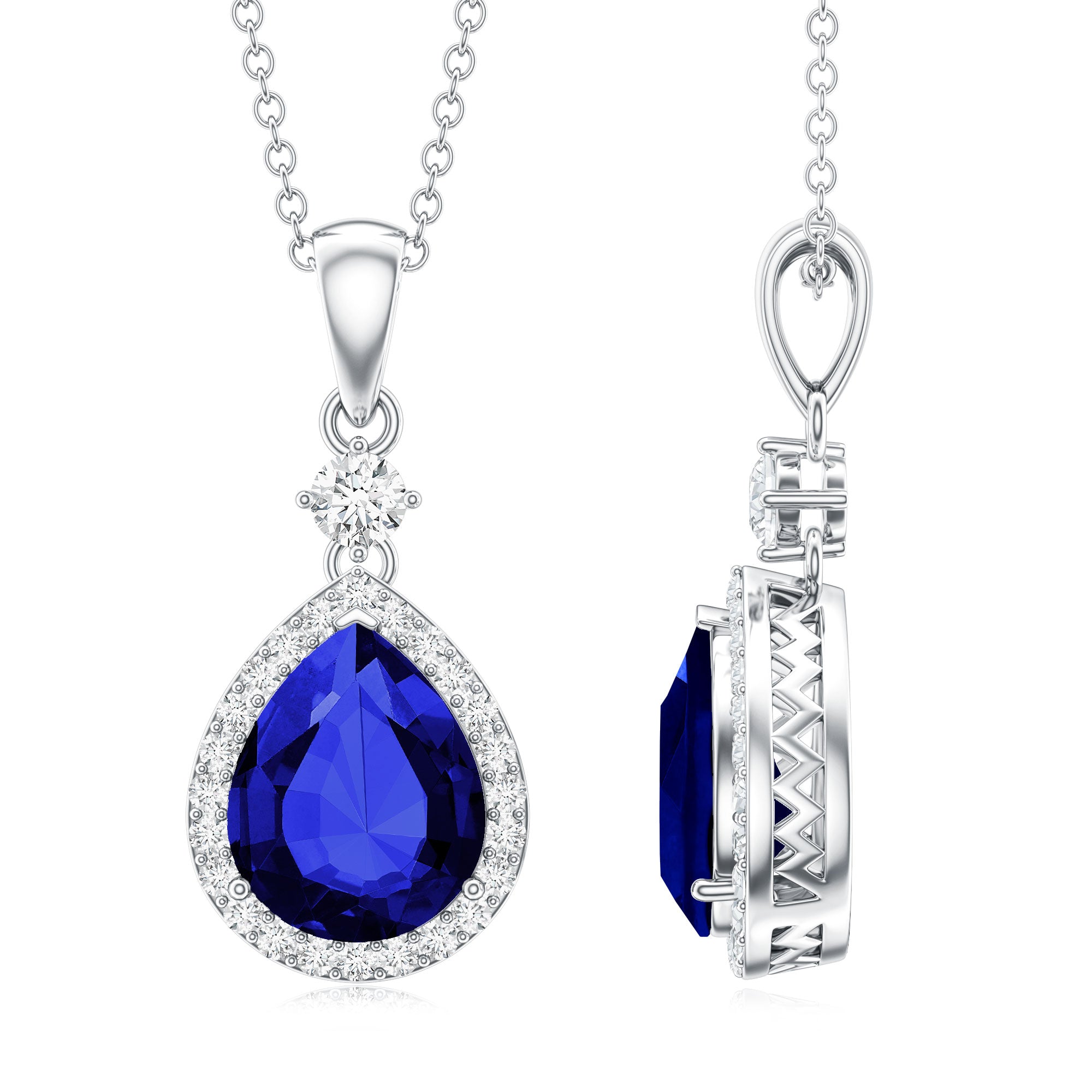 Certified 3.3 Carat Lab Grown Blue Sapphire Teardrop Pendant Necklace with Diamond AAAA 92.5 Sterling Silver - Rosec Jewels