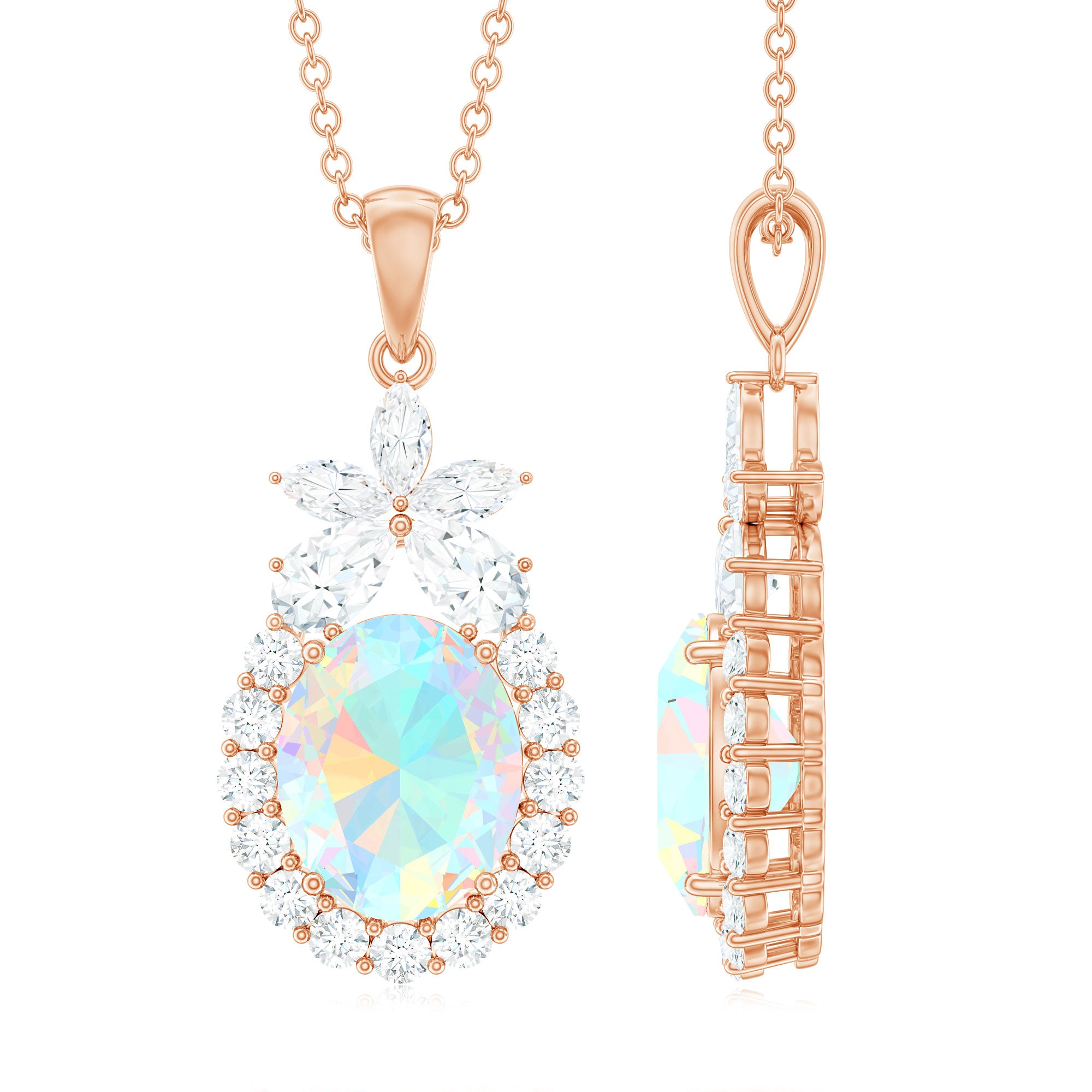Ethiopian Opal Halo Statement Pendant Necklace Ethiopian Opal - ( AAA ) - Quality - Rosec Jewels