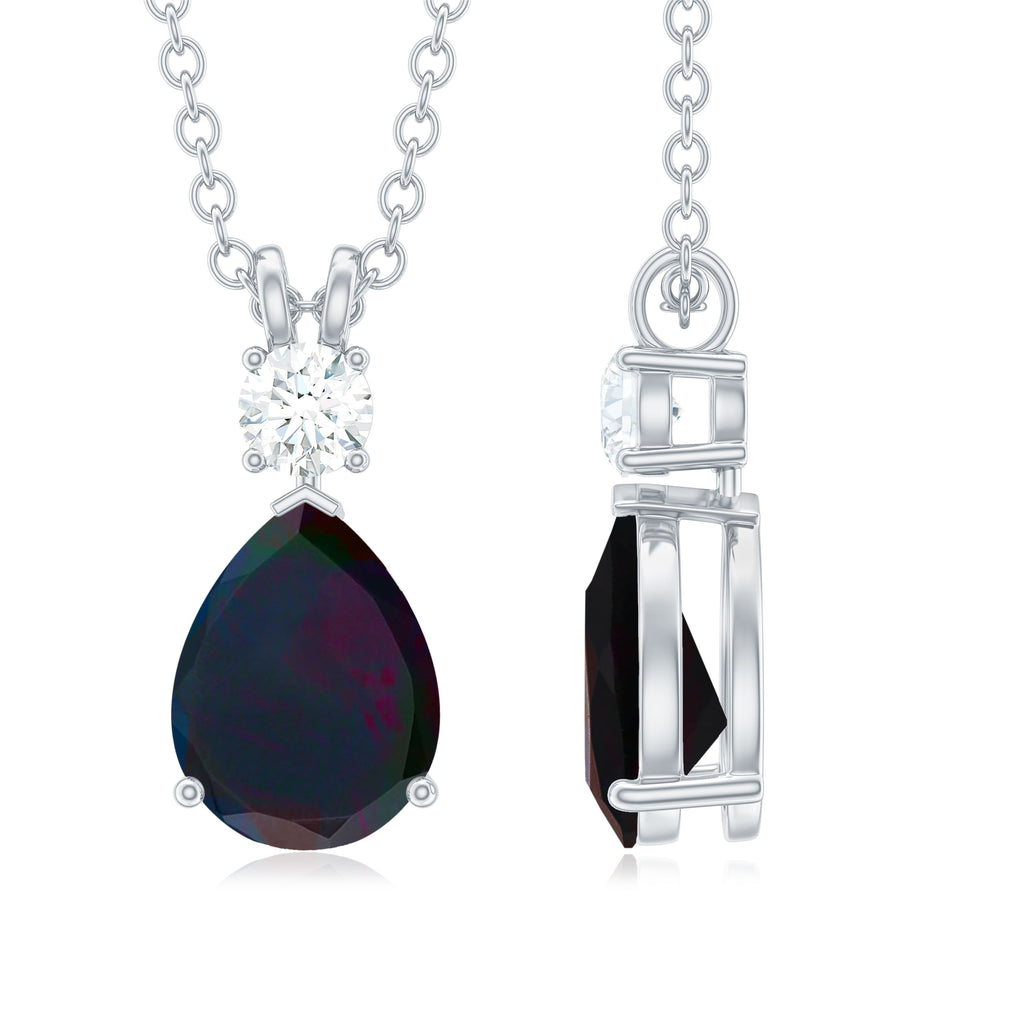 Pear Shape Black Opal Teardrop Pendant Necklace with Diamond Black Opal - ( AAA ) - Quality - Rosec Jewels