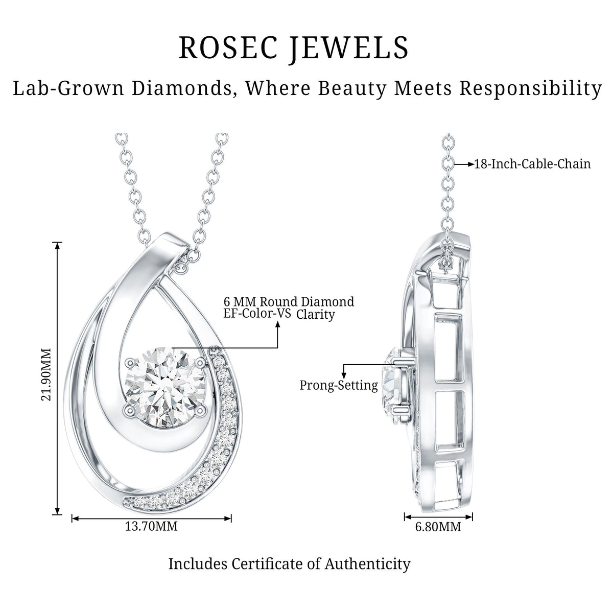 0.9 Carat Round Lab Grown Diamond Teardrop Necklace for Women Lab - ( EF-VS ) - Rosec Jewels