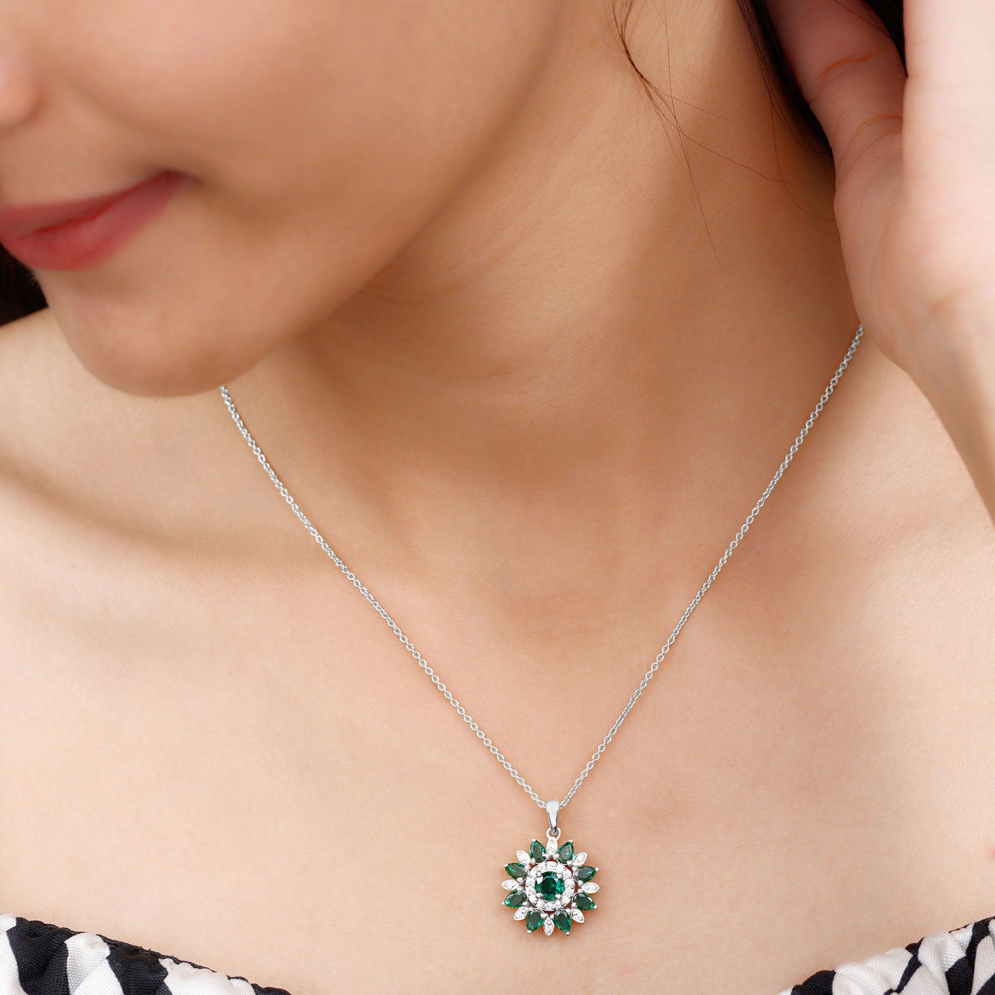 Lab Created Emerald Flower Cocktail Pendant with Diamond Lab Created Emerald - ( AAAA ) - Quality - Rosec Jewels
