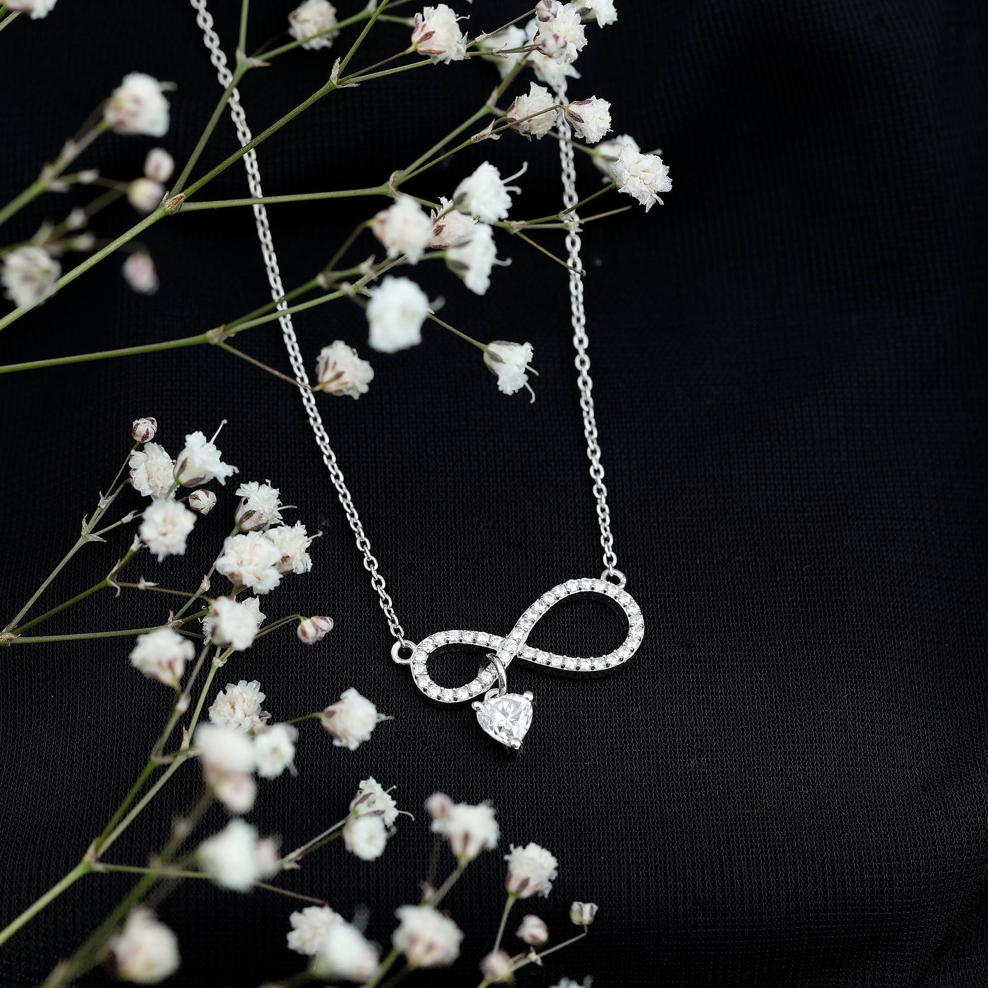 Sterling Silver Moissanite Infinity Necklace with Heart Charm D-VS1 92.5 Sterling Silver - Rosec Jewels