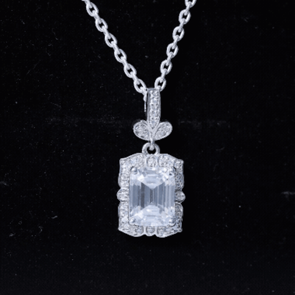 2.8 Carat Vintage Inspired Moissanite Emerald Cut Necklace With Silver Chain D-VS1 92.5 Sterling Silver - Rosec Jewels