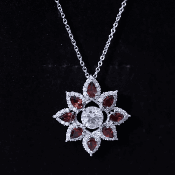 Certified 1.36 Carat Moissanite Statement Flower Necklace with Garnet D-VS1 92.5 Sterling Silver - Rosec Jewels