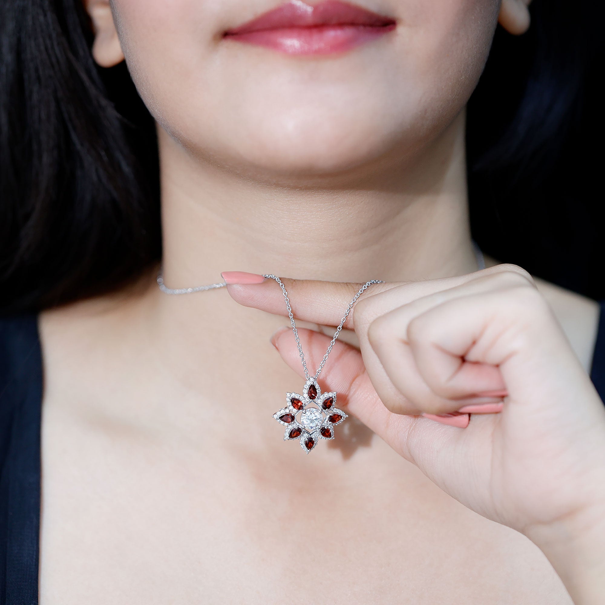 Certified 1.36 Carat Moissanite Statement Flower Necklace with Garnet D-VS1 92.5 Sterling Silver - Rosec Jewels
