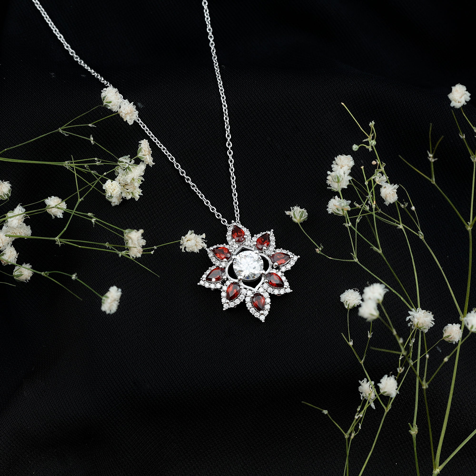 Certified 1.36 Carat Moissanite Statement Flower Necklace with Garnet D-VS1 92.5 Sterling Silver - Rosec Jewels