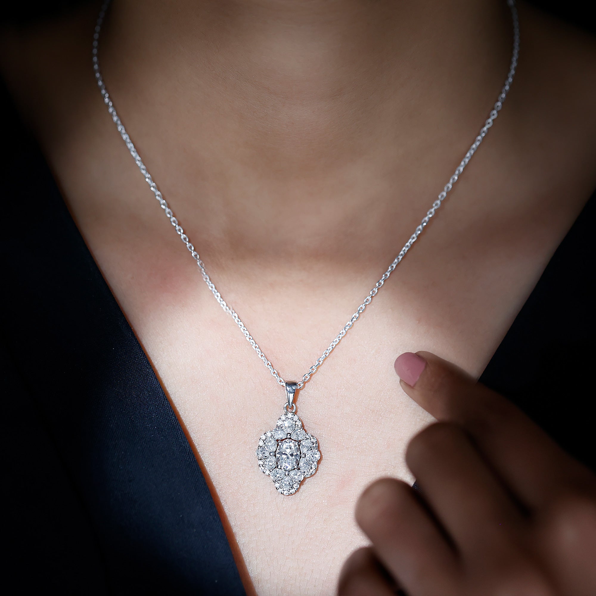 Certified Moissanite Flower Necklace for Wedding D-VS1 92.5 Sterling Silver - Rosec Jewels