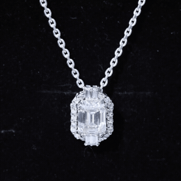 Vintage Inspired 2.8 Carat Emerald Cut Moissanite Halo Necklace D-VS1 92.5 Sterling Silver - Rosec Jewels
