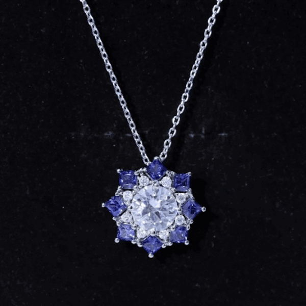 Certified 2 Carat Moissanite and Sapphire Designer Necklace with Silver Chain D-VS1 92.5 Sterling Silver - Rosec Jewels