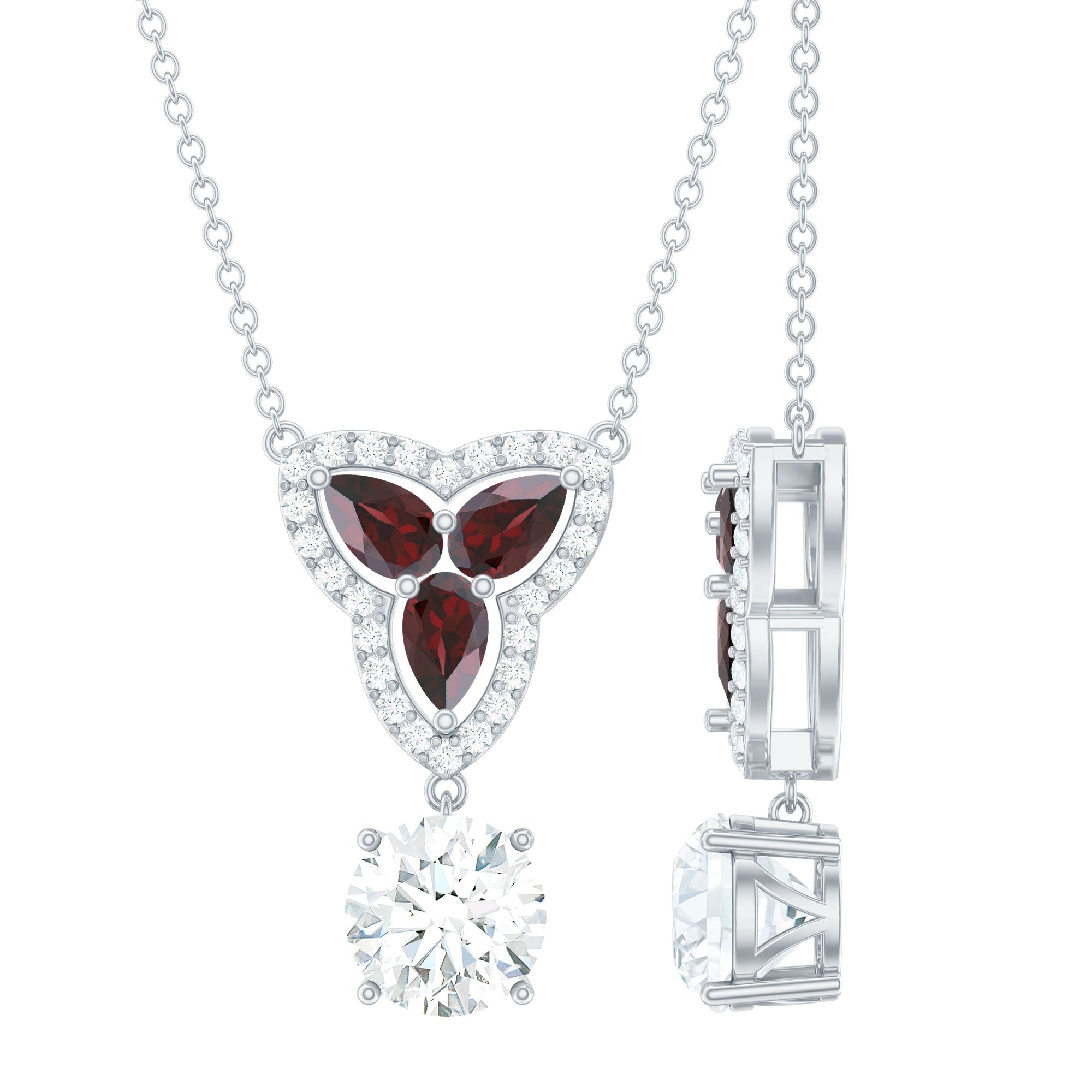 Certified Moissanite and Garnet Designer Bridal Necklace in Silver D-VS1 92.5 Sterling Silver - Rosec Jewels