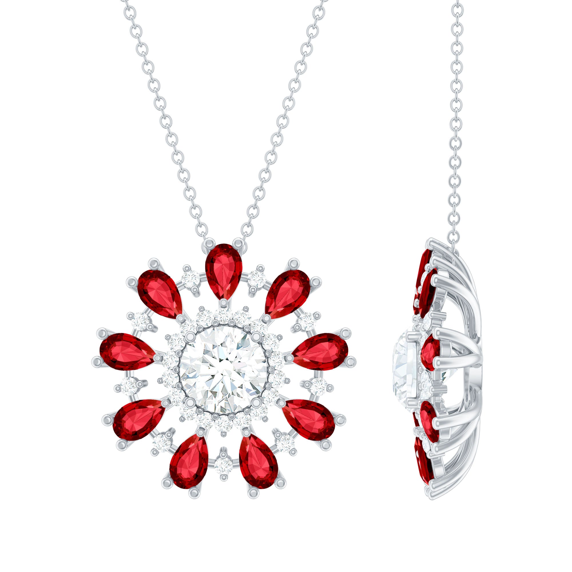 Moissanite Flower Pendant Necklace with Lab Grown Ruby