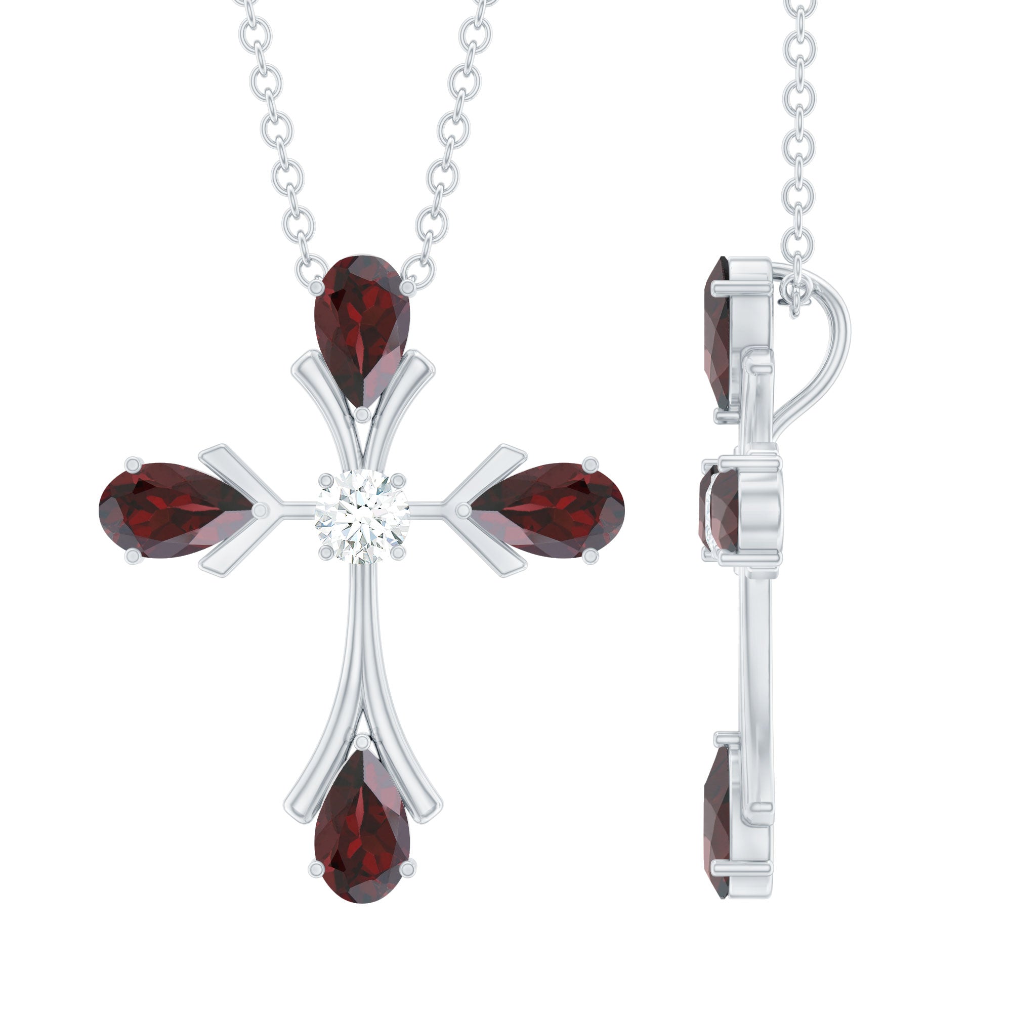 Real Garnet and Moissanite Designer Cross Necklace with Silver Chain