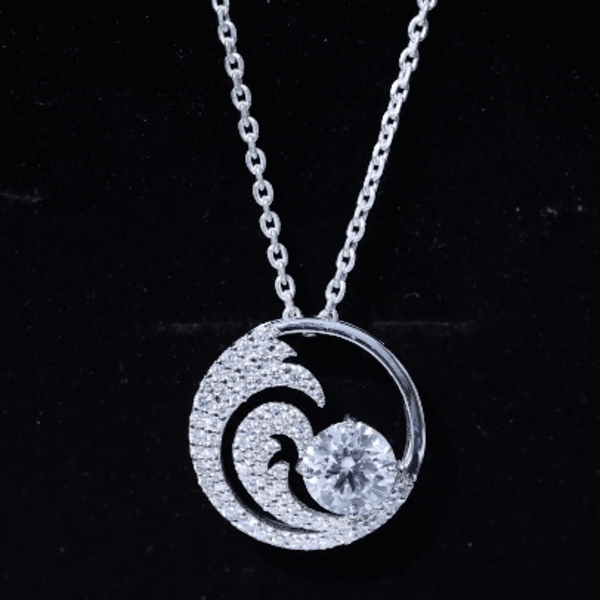 Certified Moissanite Ocean Wave Necklace with Silver Chain D-VS1 92.5 Sterling Silver - Rosec Jewels
