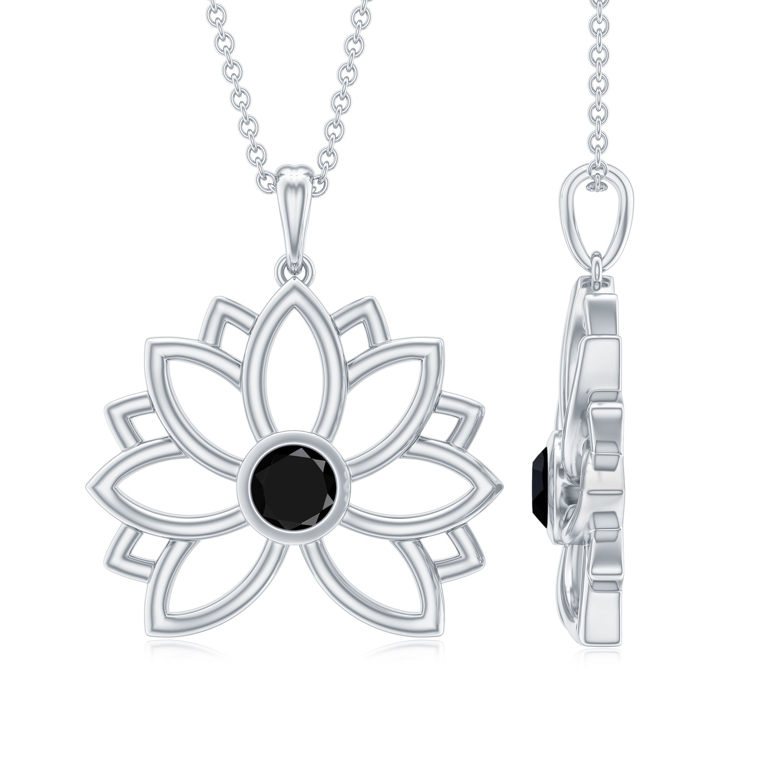 Gold Lotus Flower Pendant with 3 MM Round Cut Black Diamond - Rosec Jewels
