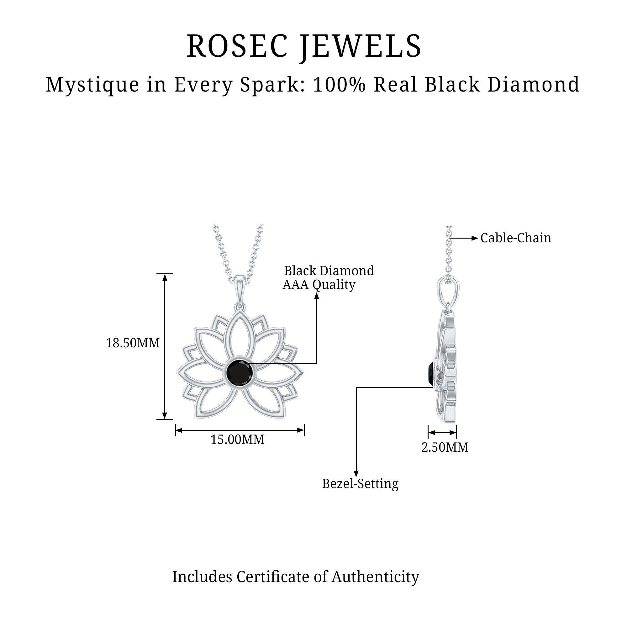 Silver Lotus Flower Pendant with 3 MM Round Cut Black Diamond - Rosec Jewels