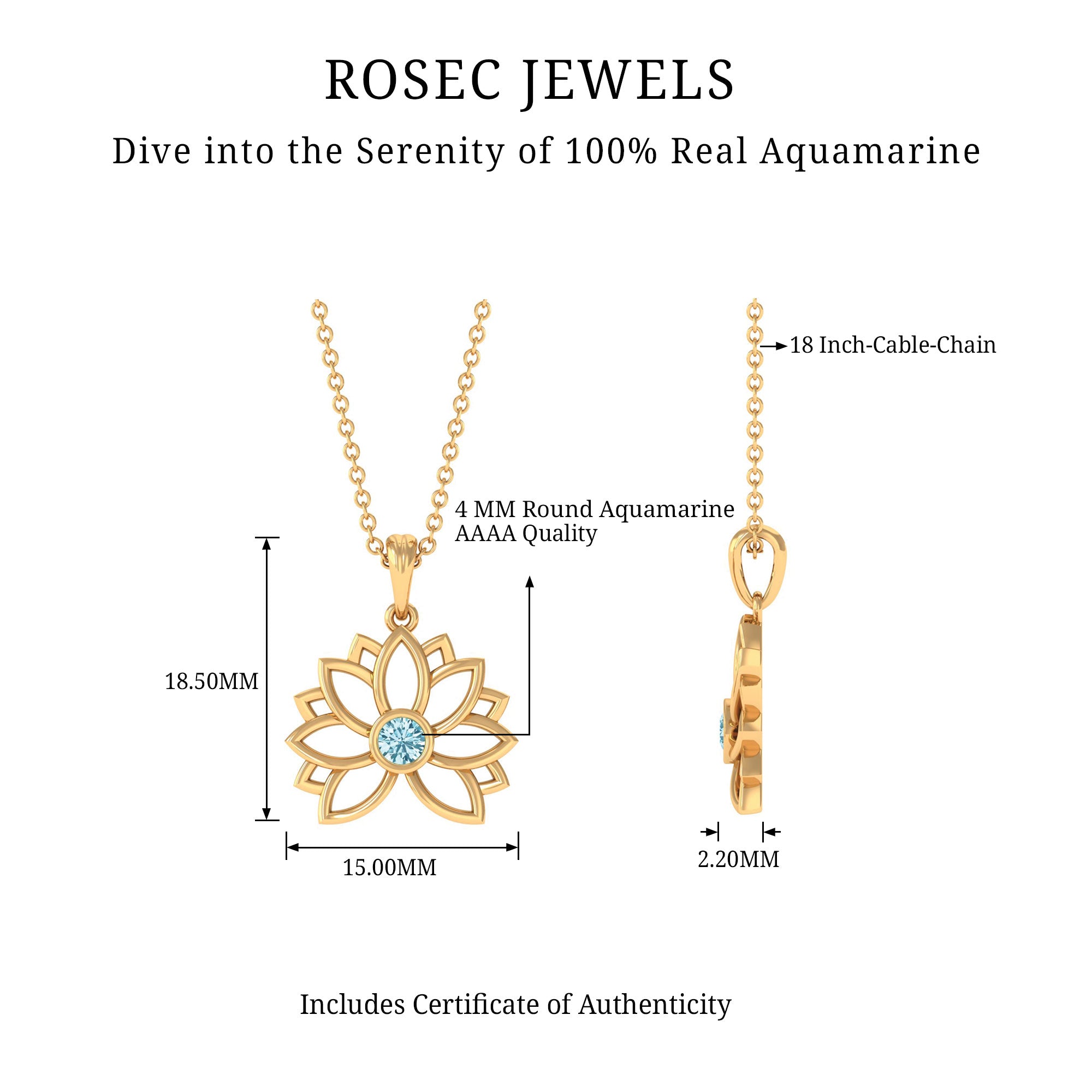 Lotus Flower Pendant with Bezel Set Solitaire Aquamarine Aquamarine - ( AAA ) - Quality - Rosec Jewels