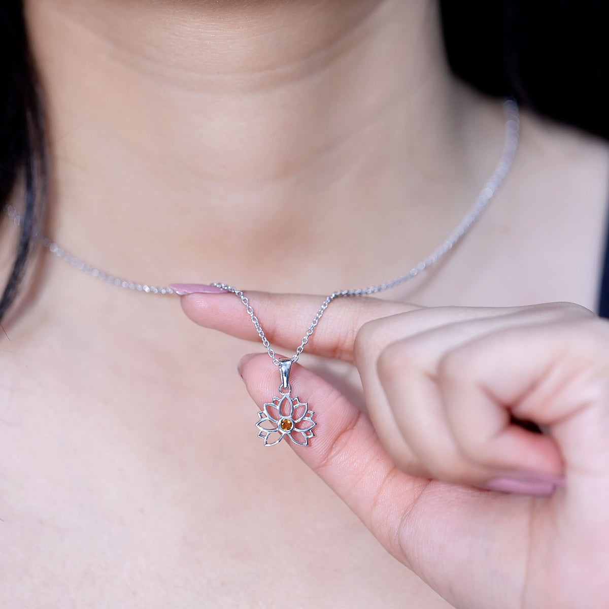 Bezel Set Citrine Lotus Flower Necklace With Chain AAA - Rosec Jewels