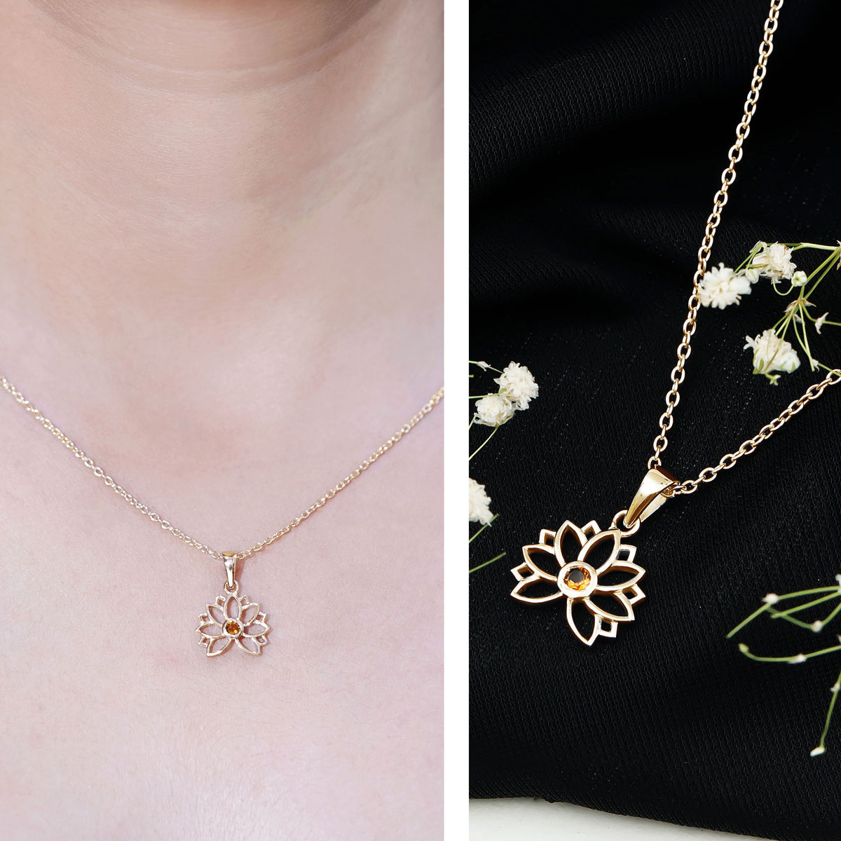 Bezel Set Citrine Lotus Flower Necklace With Chain AAA - Rosec Jewels
