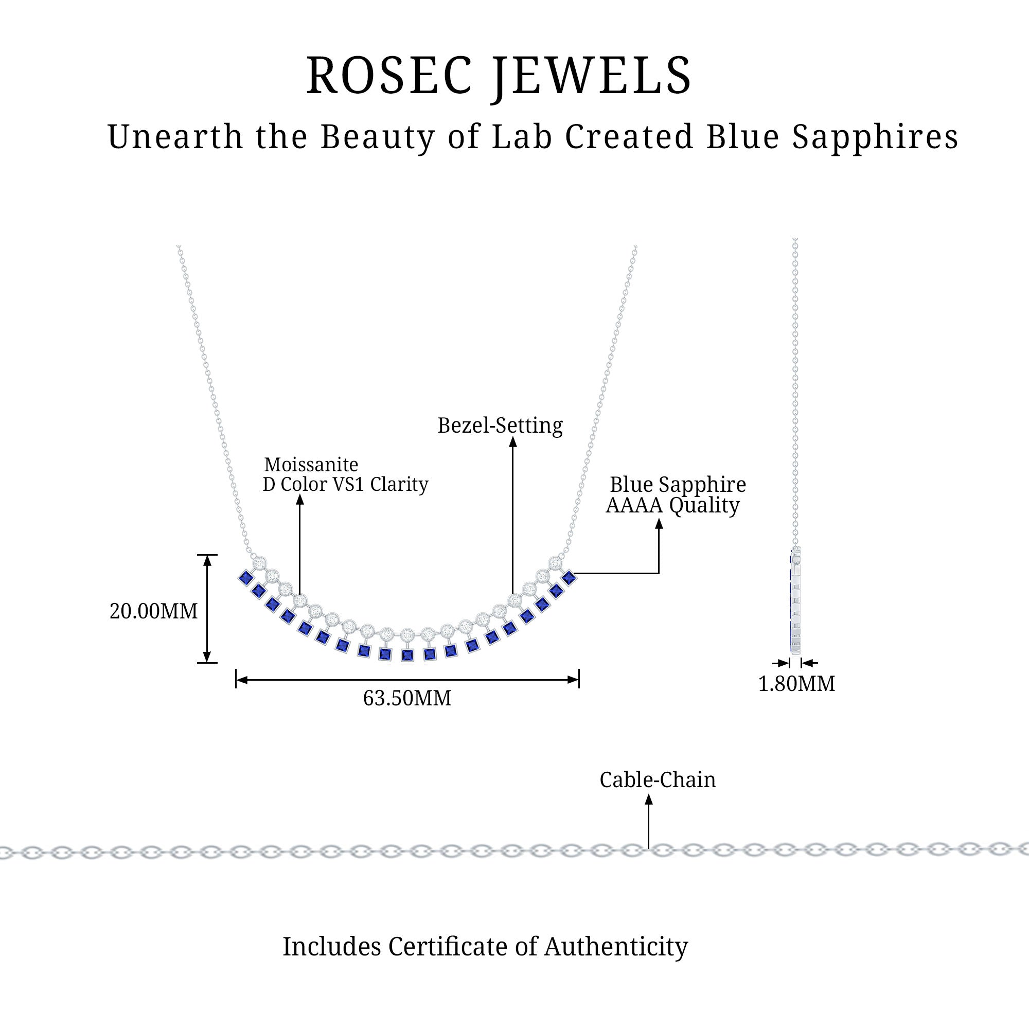Princess Cut Created Blue Sapphire Statement Necklace with Zircon Lab Created Blue Sapphire - ( AAAA ) - Quality - Rosec Jewels